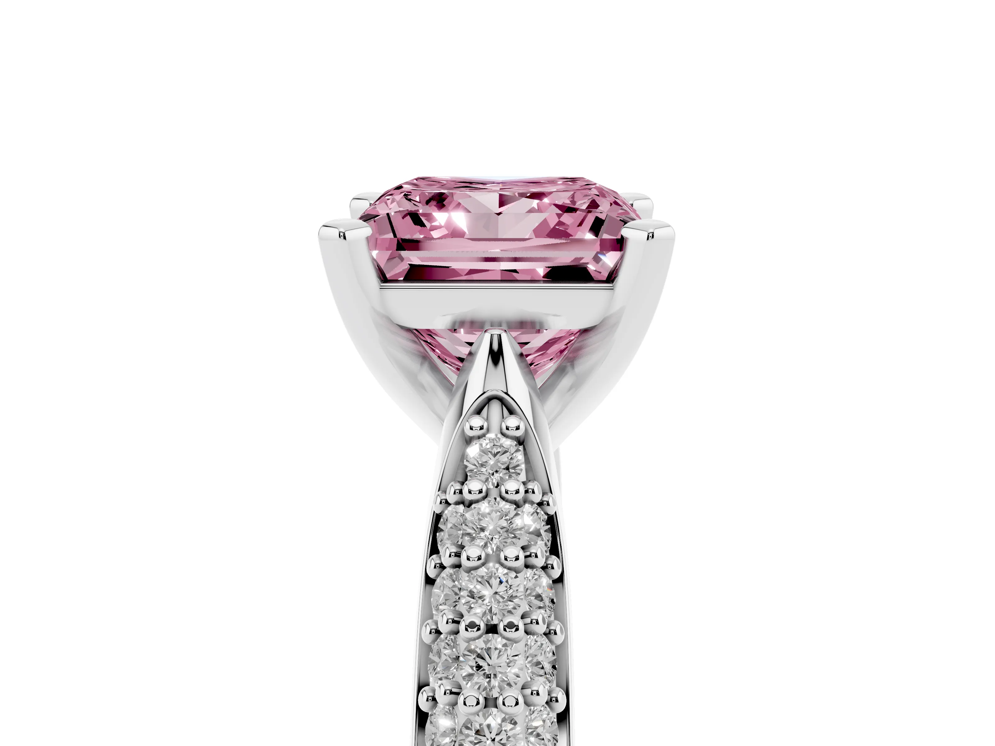 Fancy Pink Princess Cut Diamond Solitaire Engagement Ring Set in Platinum with Multi-Row Round Pavé Band and Prong Setting