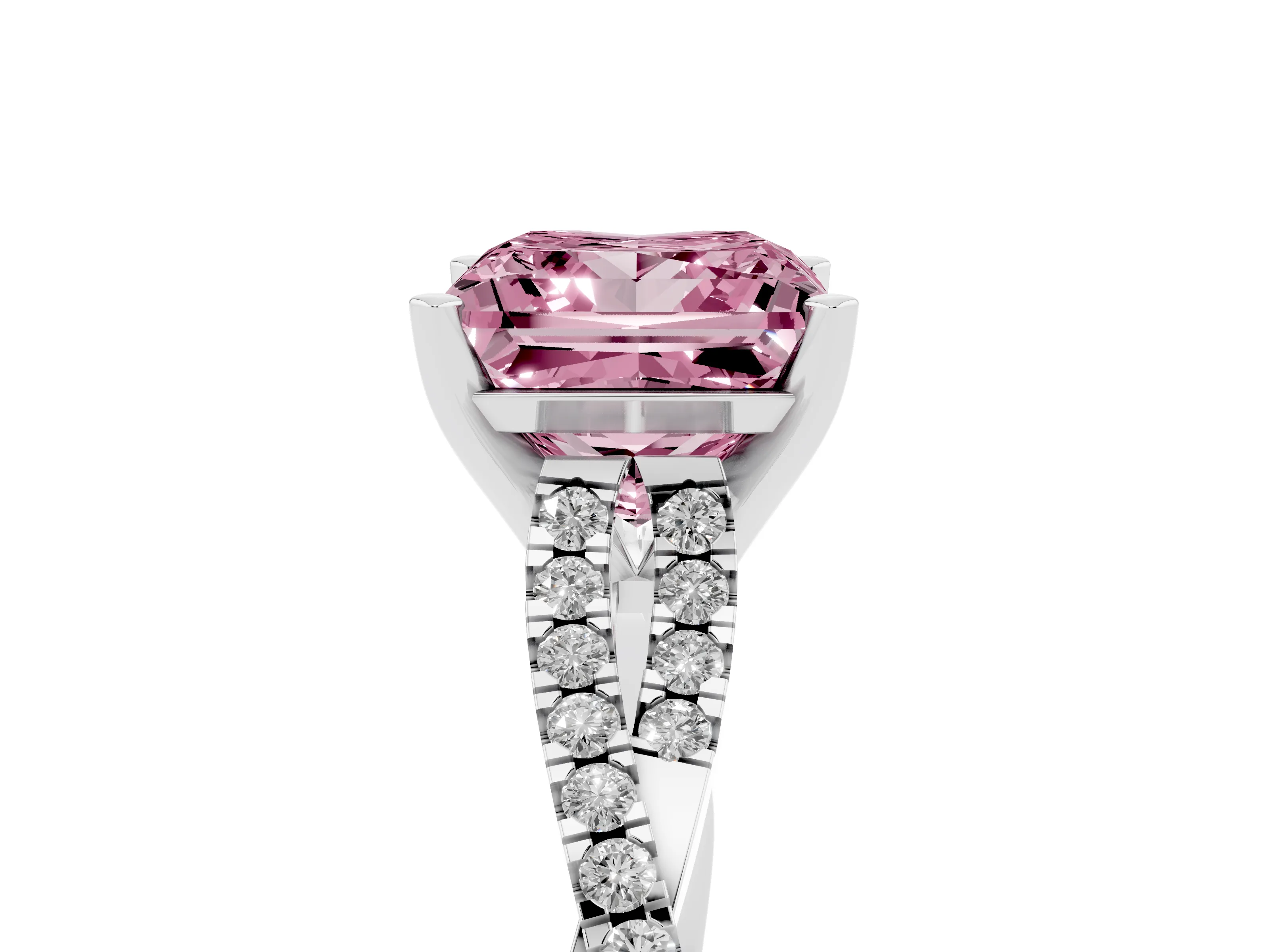 Fancy Pink Princess Cut Diamond Solitaire Engagement Ring Set in Platinum with Twisted Pavé Band and Prong Setting
