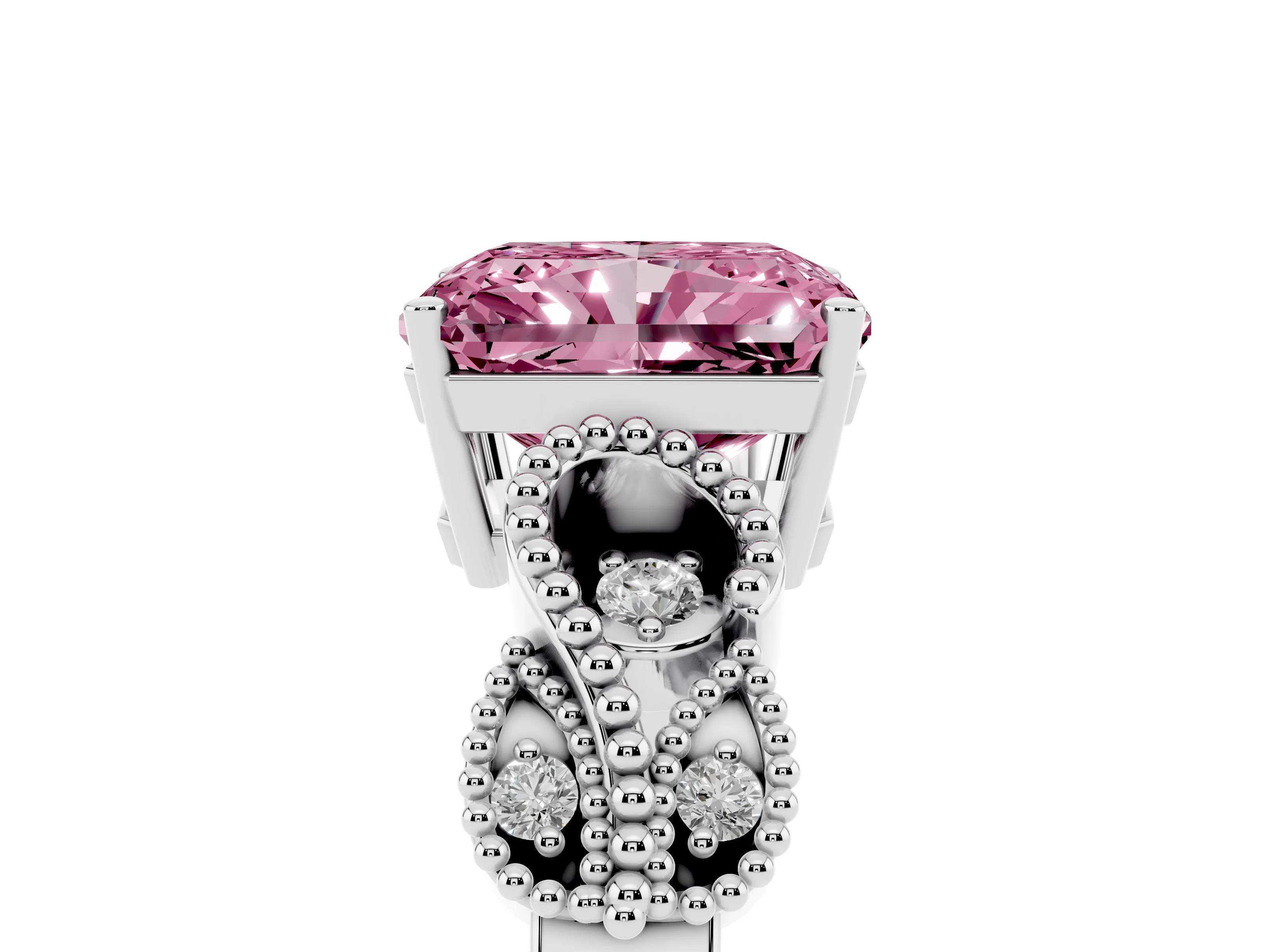 Fancy Pink Princess Cut Diamond Milgrain Leaf Band Solitaire Ring Set in Silver with Accent Stones and Prong Setting