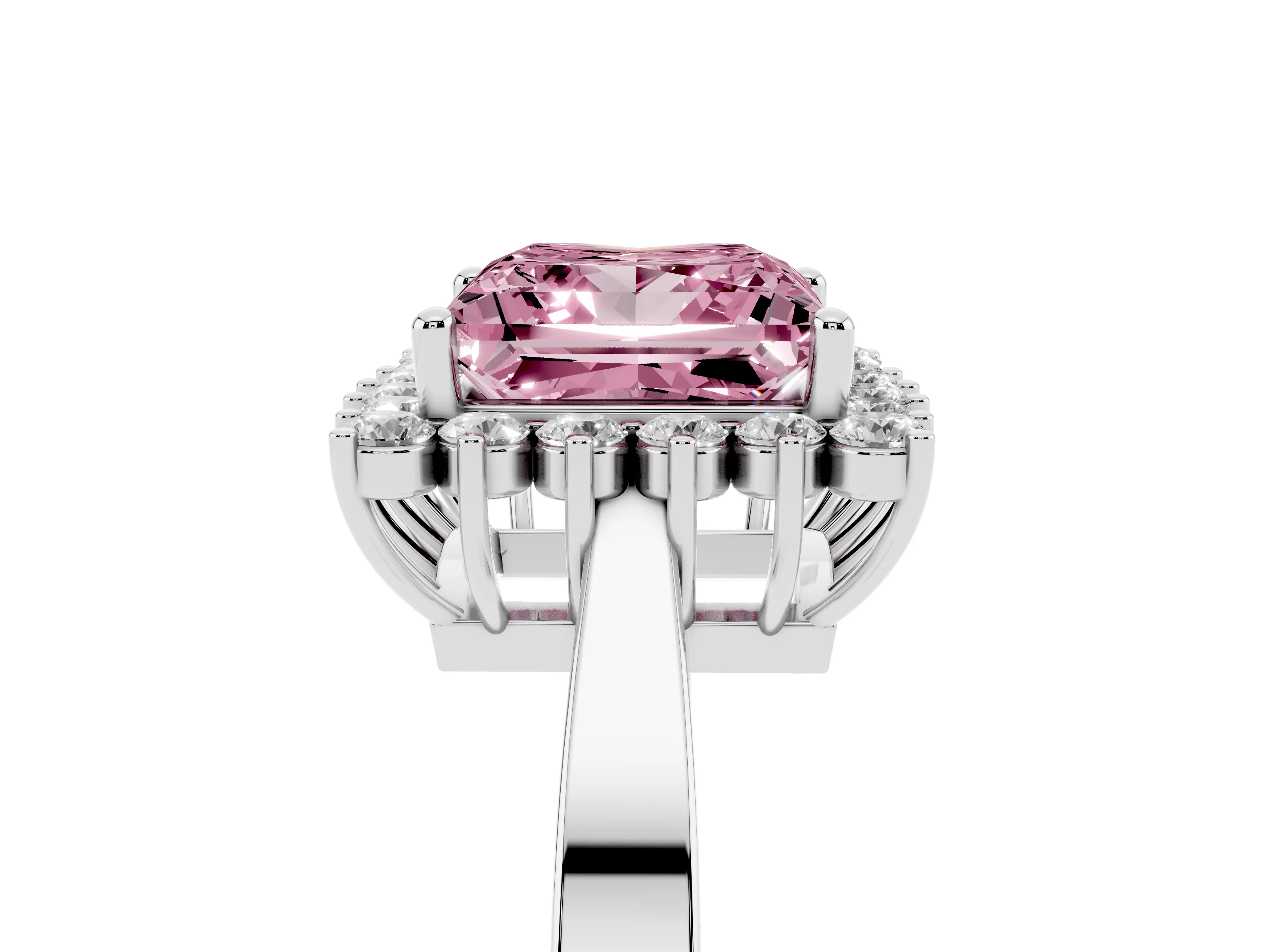 Fancy Pink Princess Cut Diamond Halo Ring Set in White gold with Round Halo and Smooth Solitaire Band