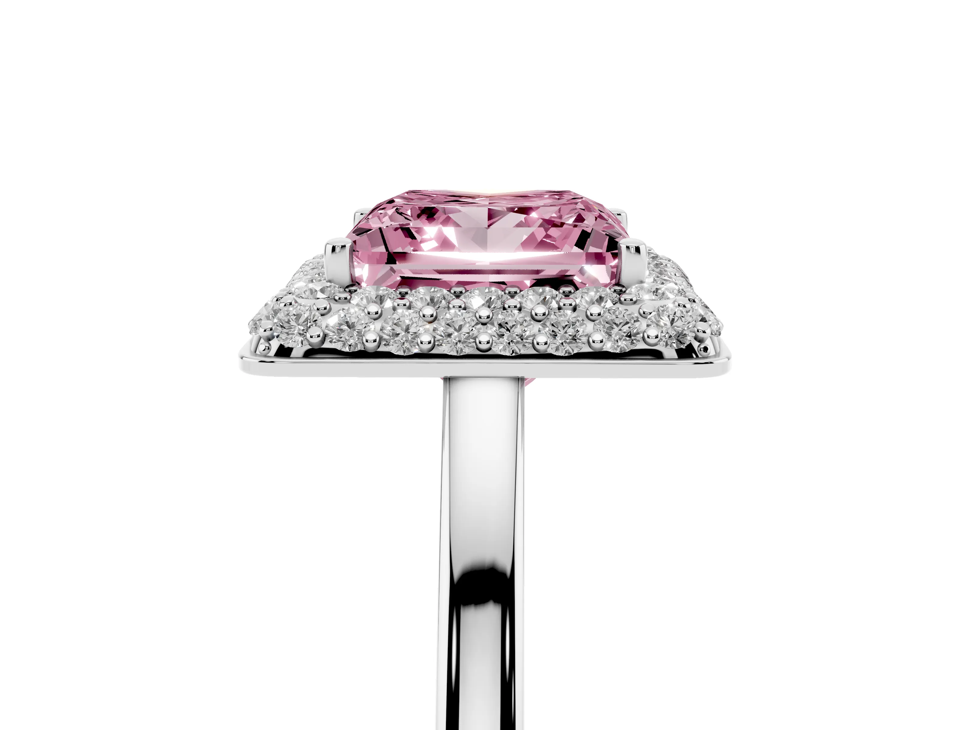 Fancy Pink Princess Cut Diamond Halo Engagement Ring Set in White gold with Solitaire Band and Prong Setting