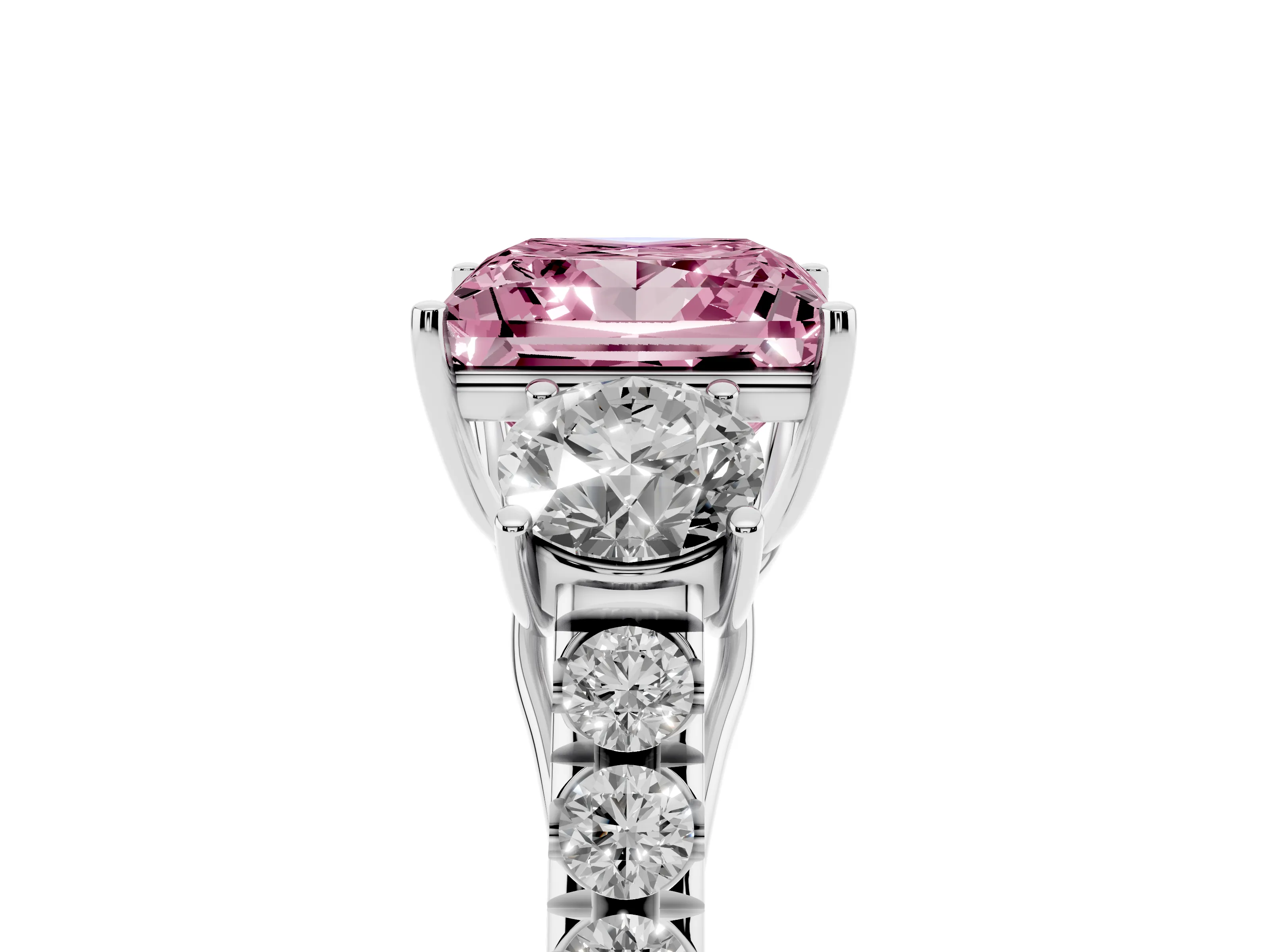 Fancy Pink Princess Cut Diamond Three-Stone Ring Set in Silver with Round Side Stones and Delicate Pavé Band