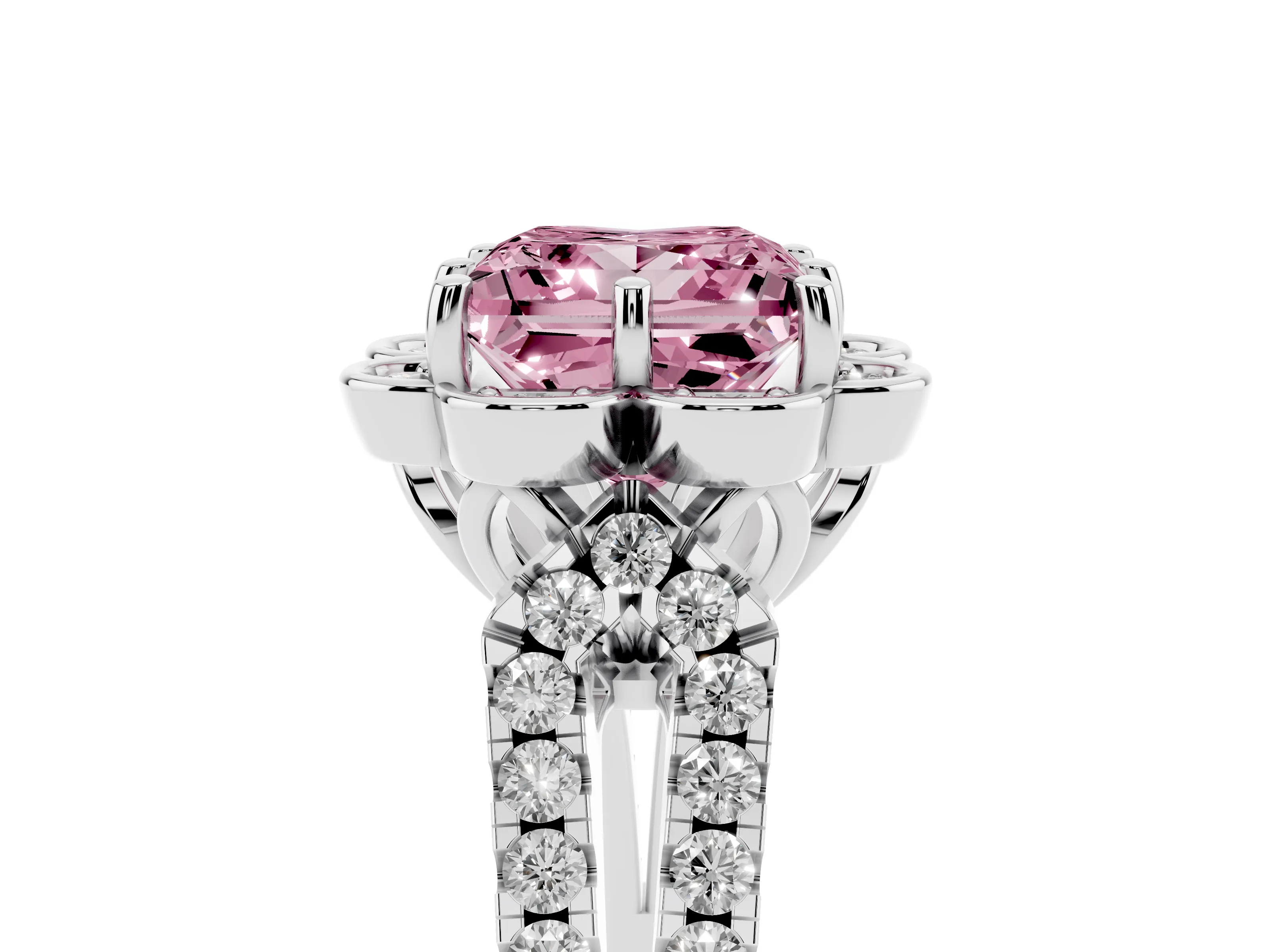 Fancy Pink Princess Cut Diamond Floral Halo Split Shank Engagement Ring Set in White gold with Pavé Shank