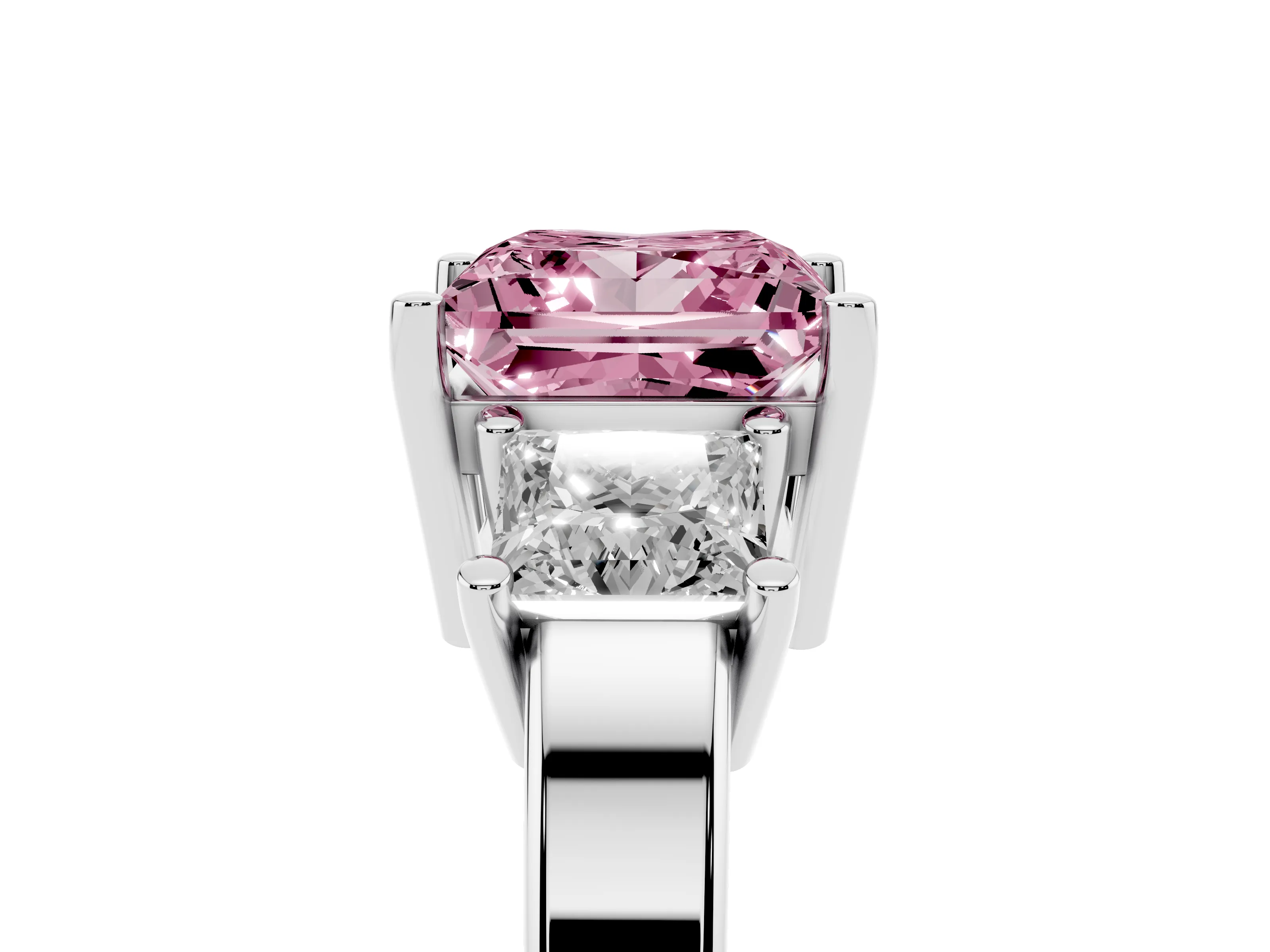 Fancy Pink Three-Stone Princess Cut Diamond Solitaire Ring Set in Platinum with Prong Setting