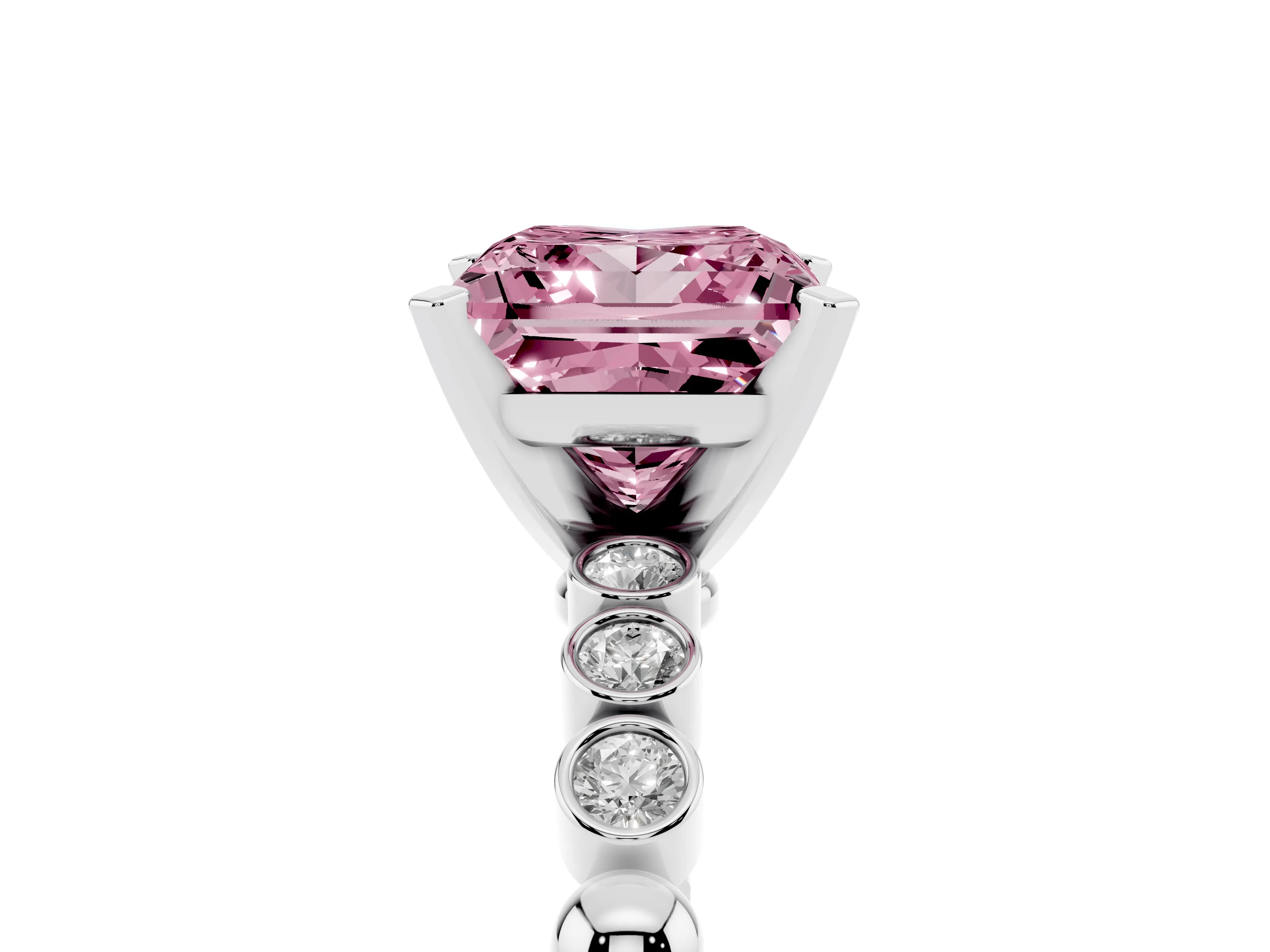 Fancy Pink Princess Cut Diamond Solitaire Engagement Ring Set in Silver with Bezel Accents on Beaded Band