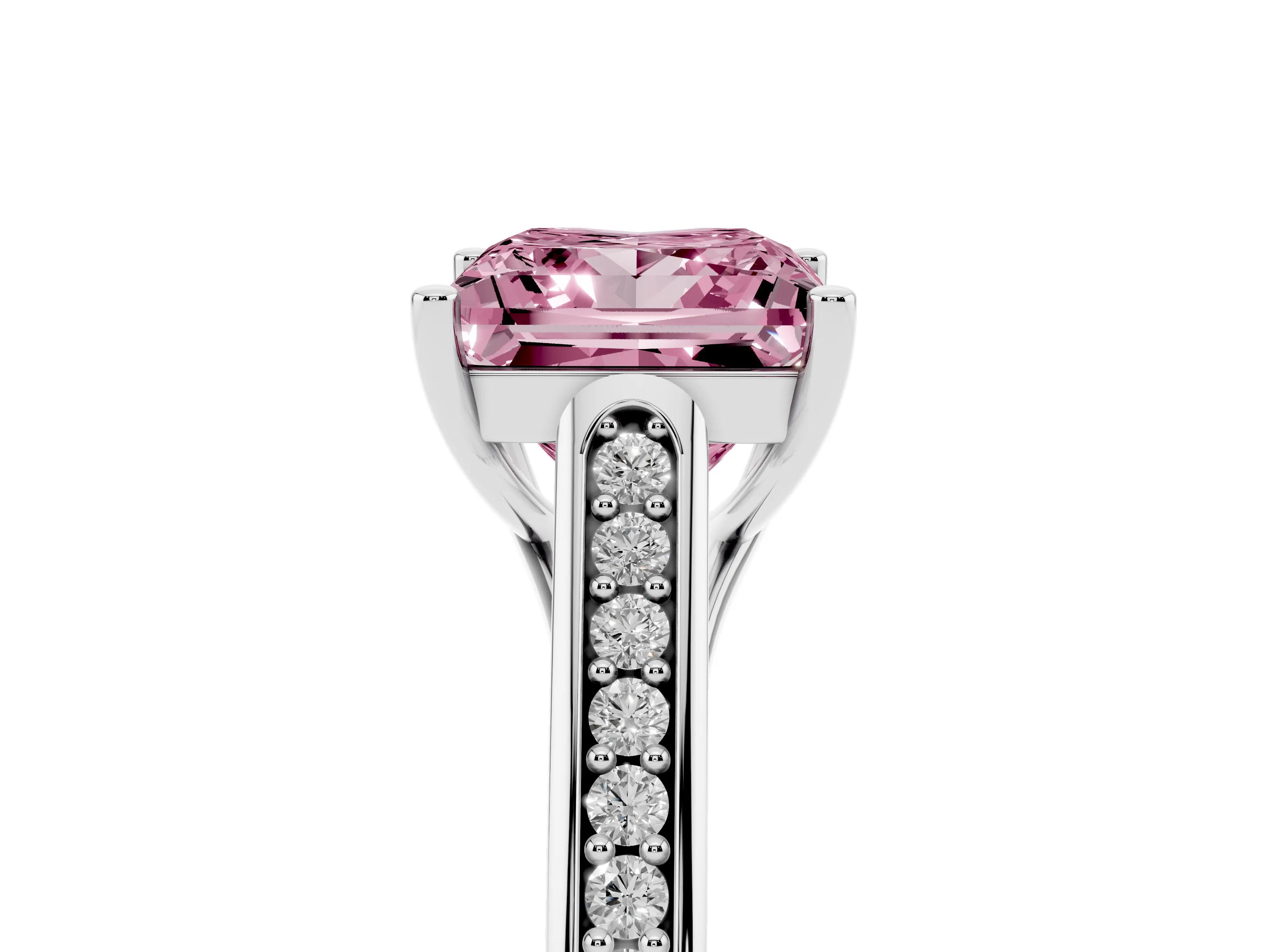 Fancy Pink Princess Cut Diamond Solitaire Cathedral Engagement Ring Set in White gold with Channel-Set Band and Prong Setting