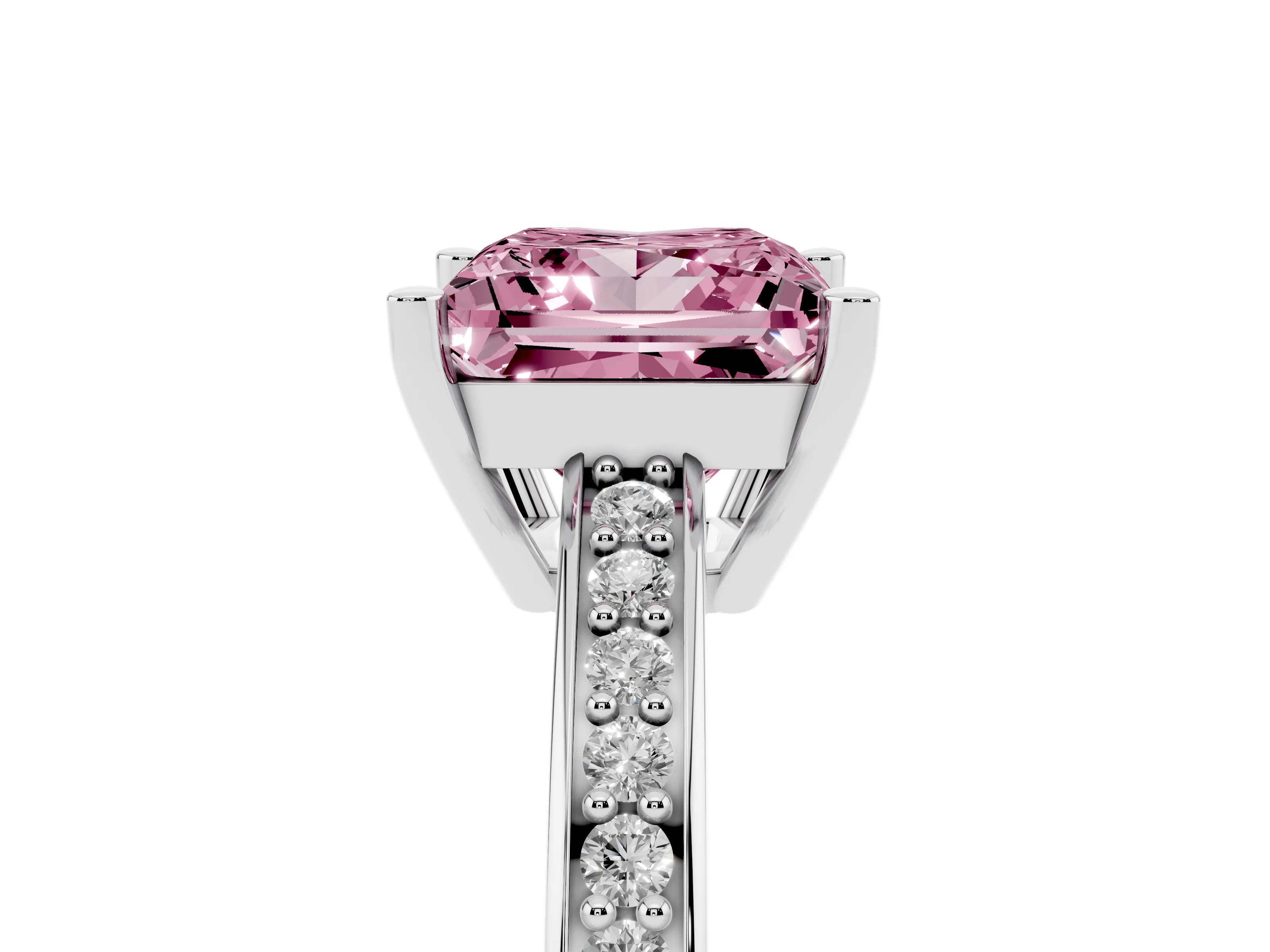 Fancy Pink Princess Cut Diamond Pavé Band Prong Set Solitaire Ring Set in Silver