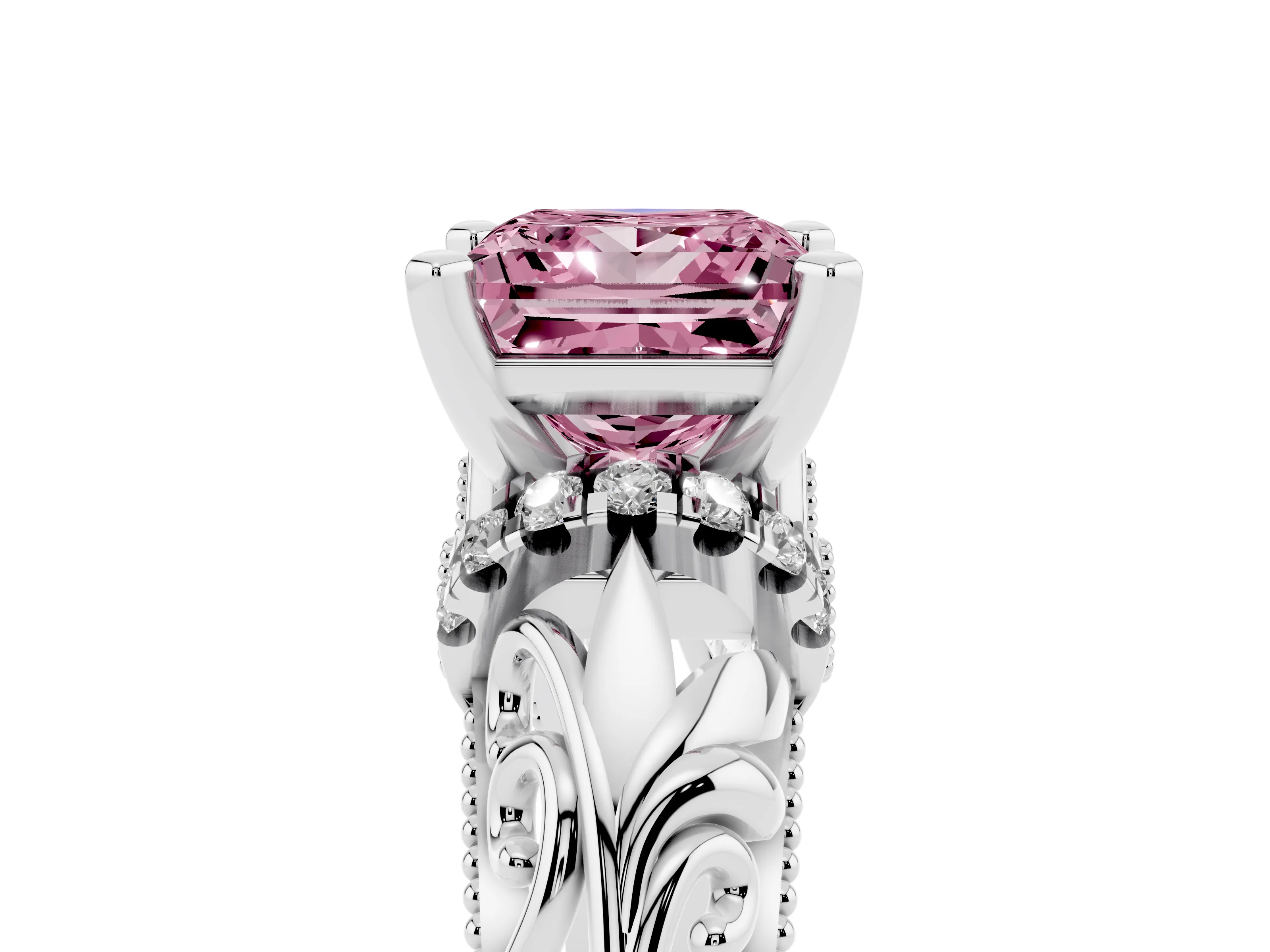 Fancy Pink Princess Cut Diamond Filigree Halo Engagement Ring Set in White gold with Prong Setting