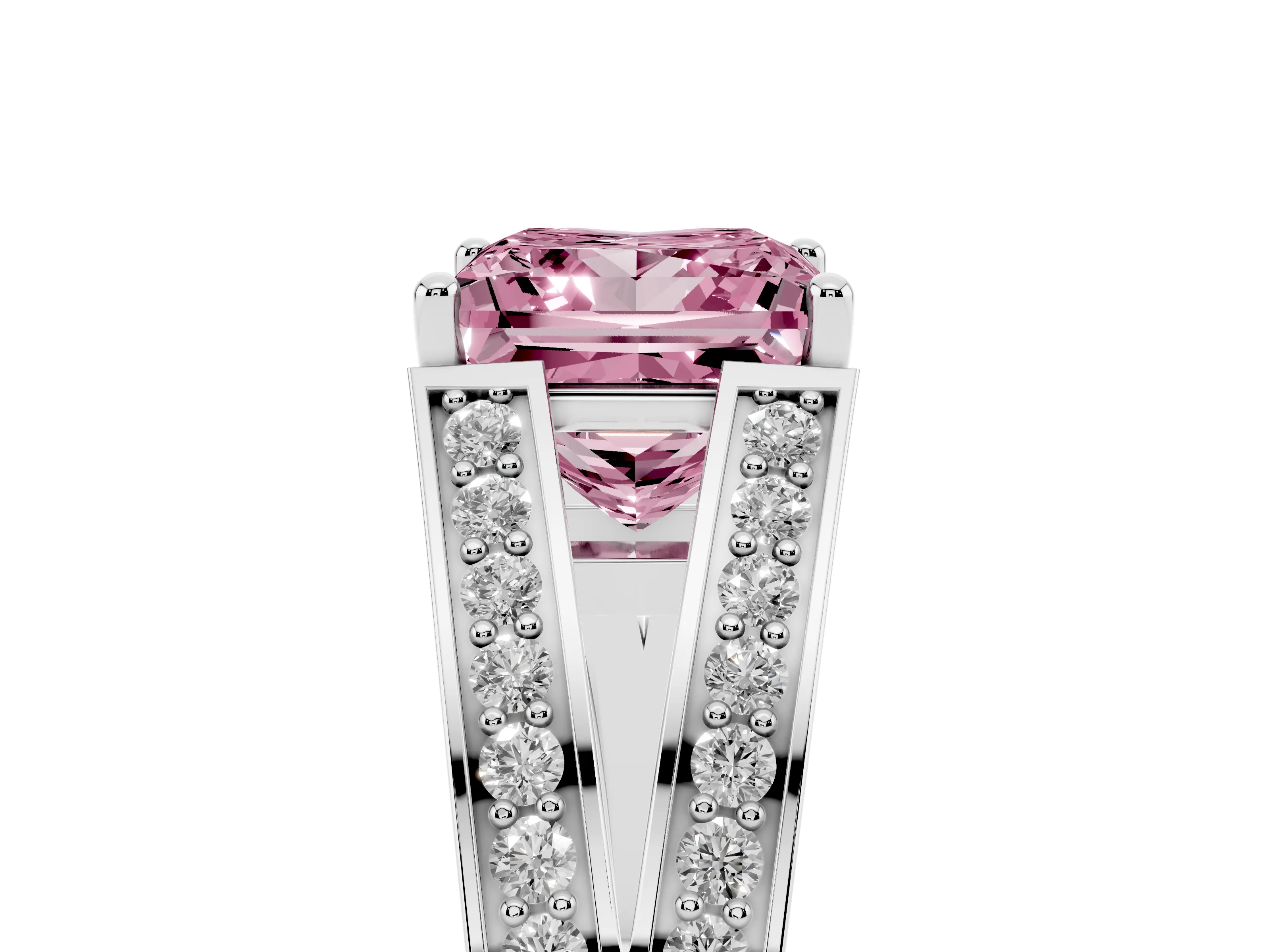 Fancy Pink Princess Cut Diamond Split Shank Ring Set in Silver with Pavé Band and Prong Setting