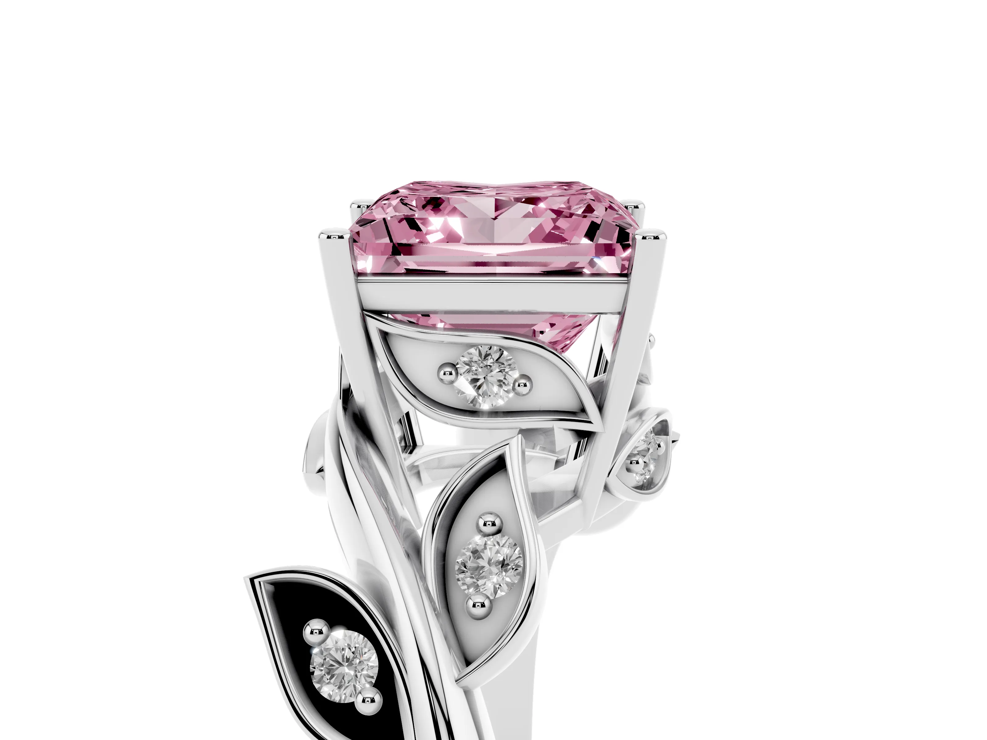 Fancy Pink Princess Cut Diamond Solitaire Twist Engagement Ring Set in White gold with Pavé Leaf Accents