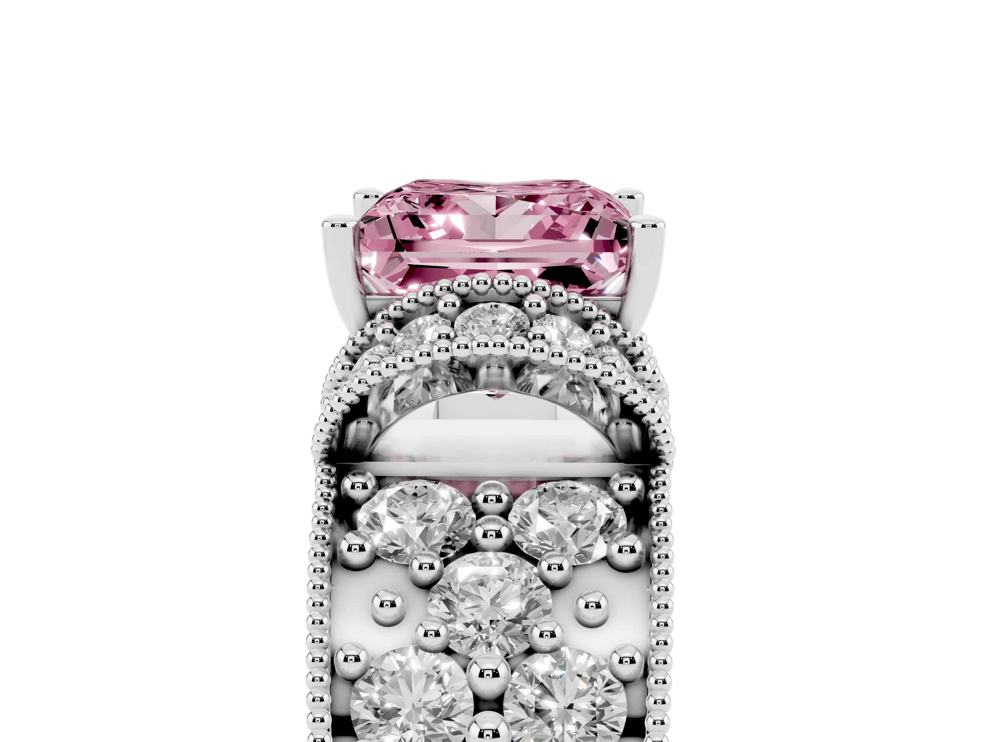 Fancy Pink Princess Cut Diamond Milgrain Halo Pavé Engagement Ring Set in White gold with Prong Setting