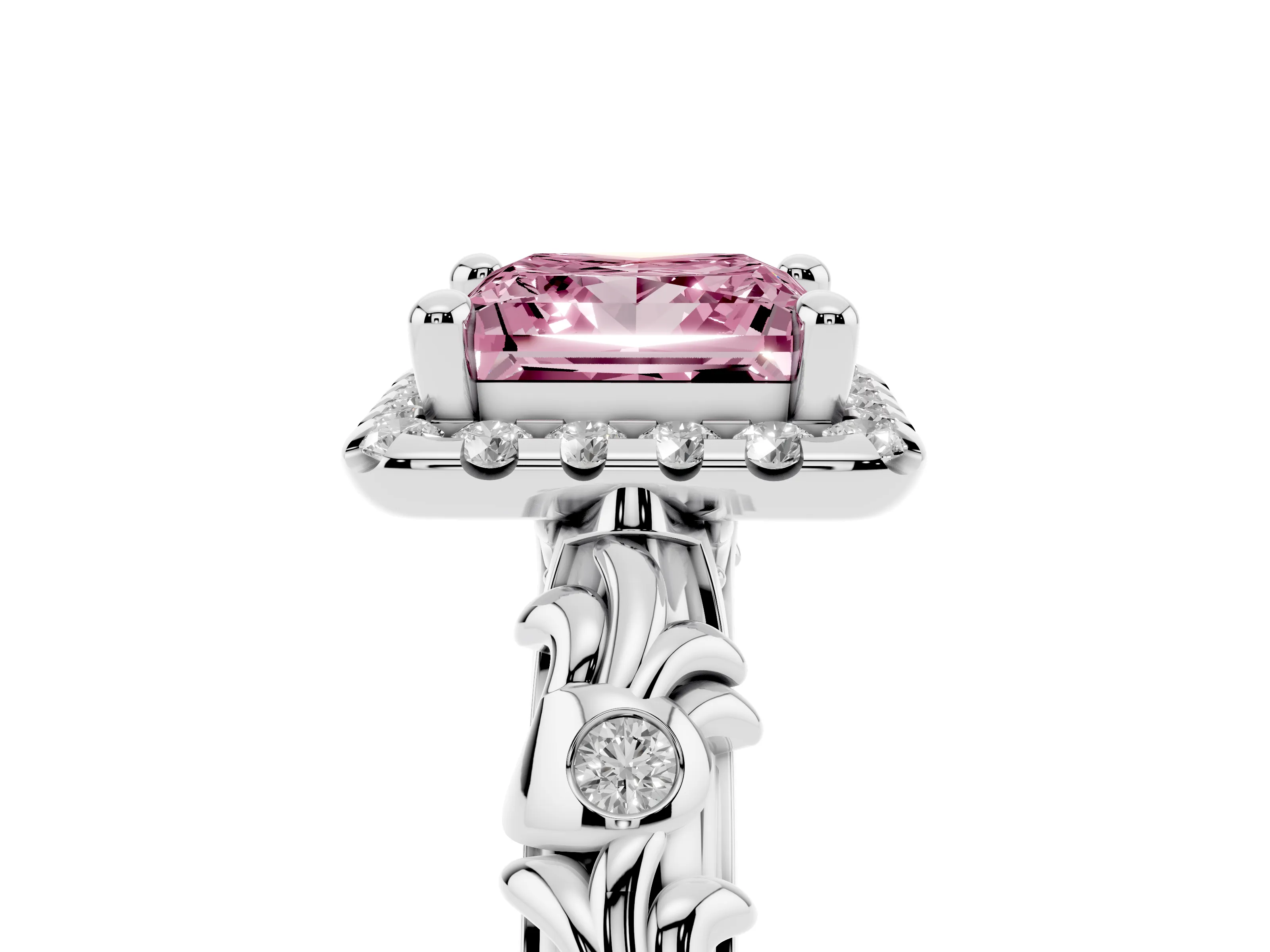 Fancy Pink Princess Cut Diamond Halo Ring Set in Silver with Filigree Leaf Band and Prong Setting