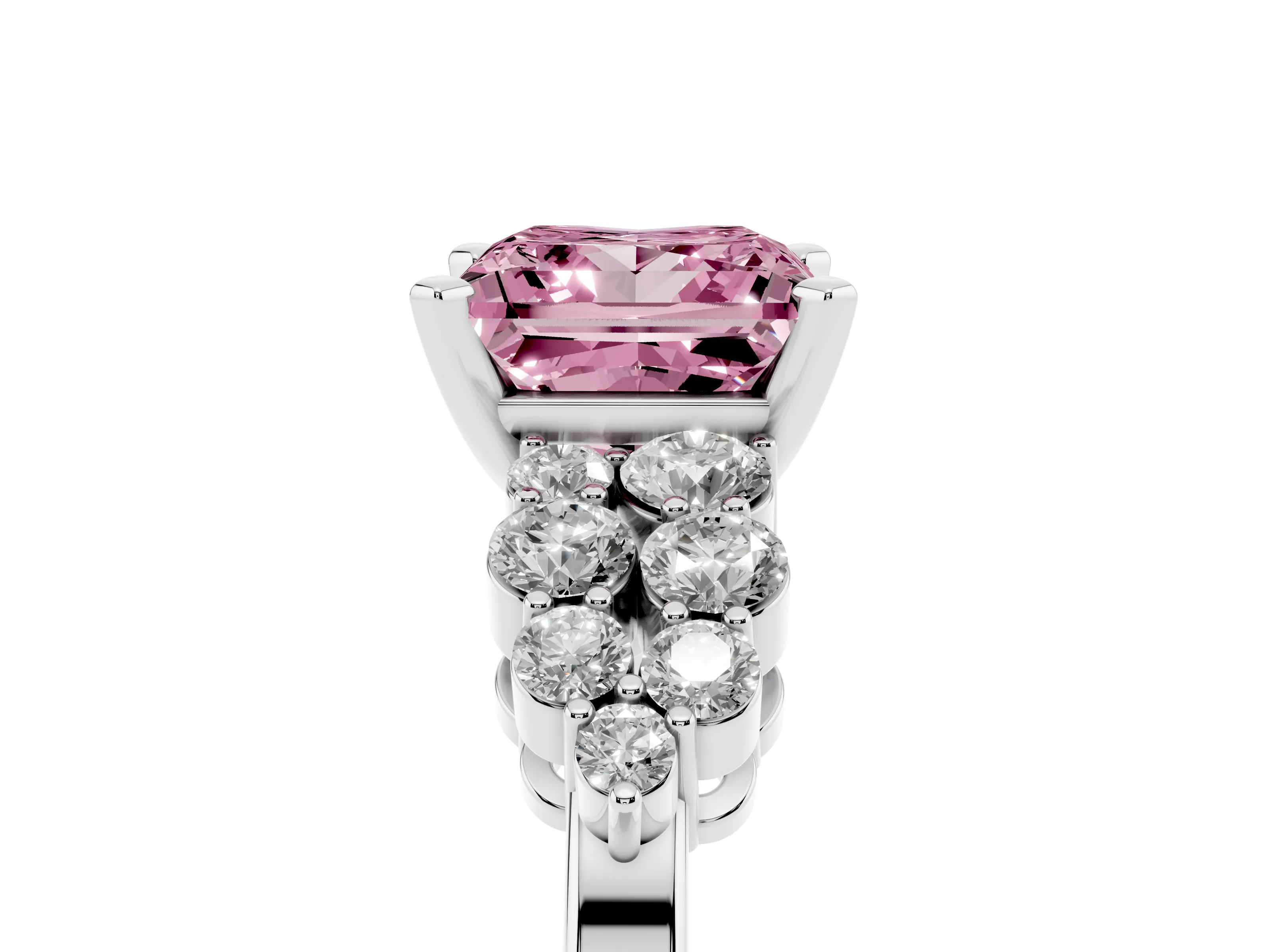 Fancy Pink Princess Cut Diamond Cluster Engagement Ring Set in Platinum with Pavé Band and Prong Setting