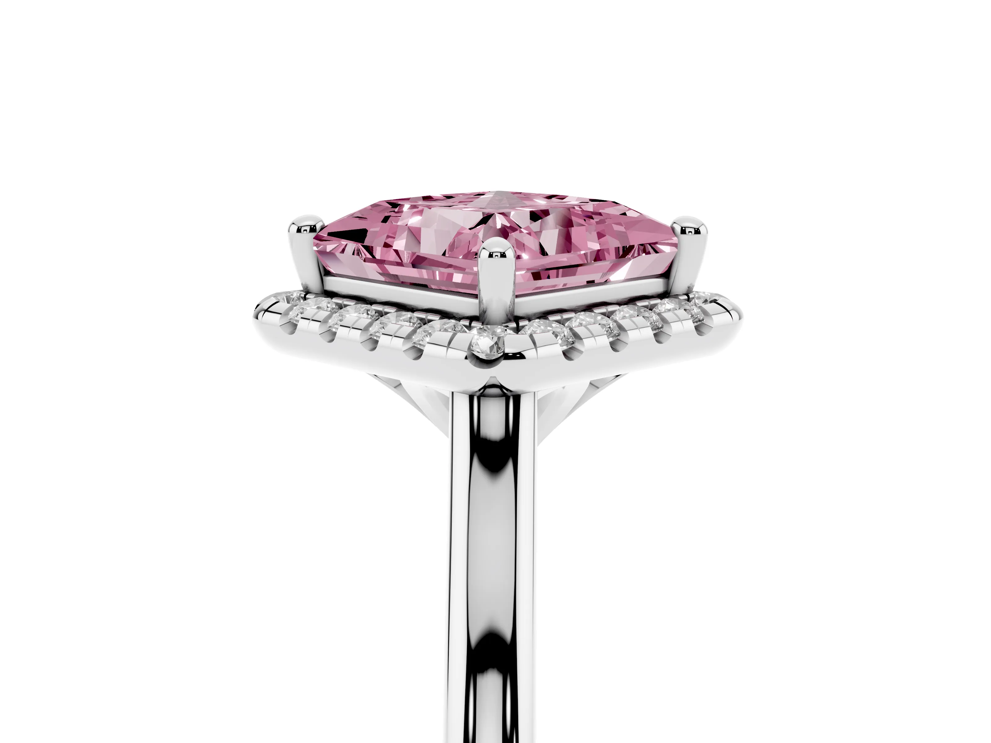 Fancy Pink Princess Cut Diamond Halo Engagement Ring Set in Platinum with Pavé Band and Rising Shoulders