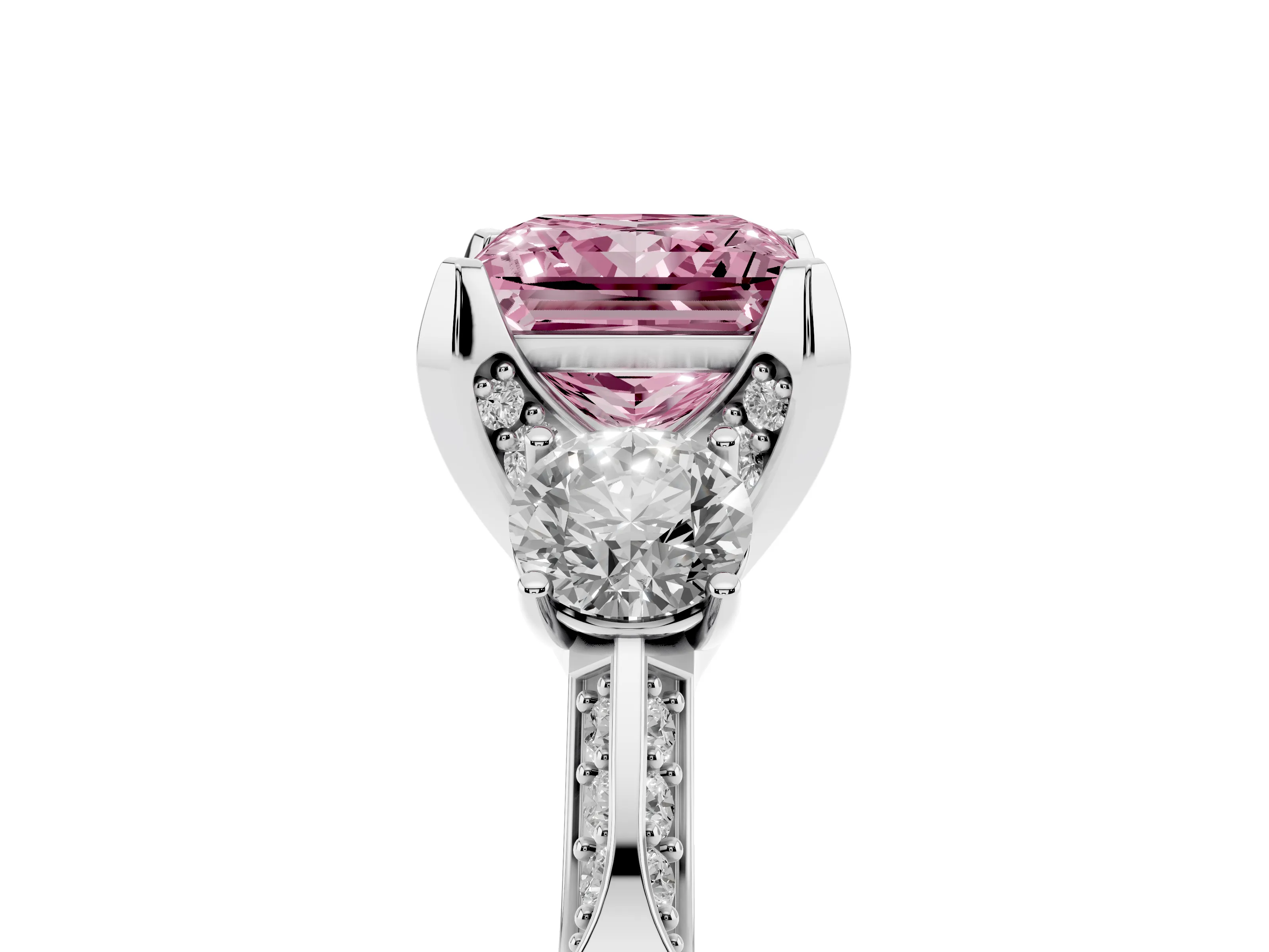 Fancy Pink Princess Cut Diamond Three-Stone Ring Set in White gold with Pavé Band and Smaller Side Stones