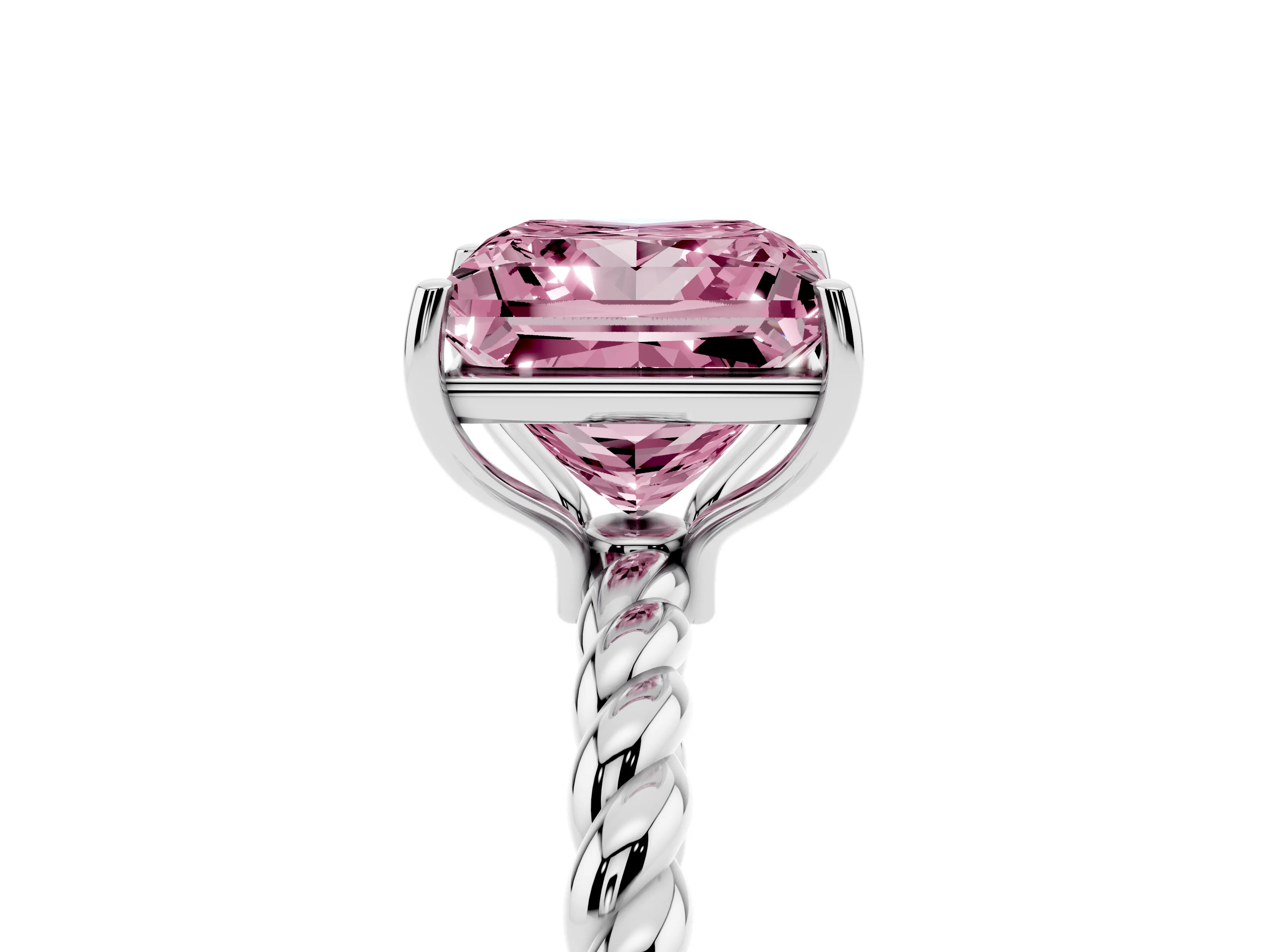 Fancy Pink Princess Cut Diamond Solitaire Ring Set in Platinum with Twist Band and Prong Setting