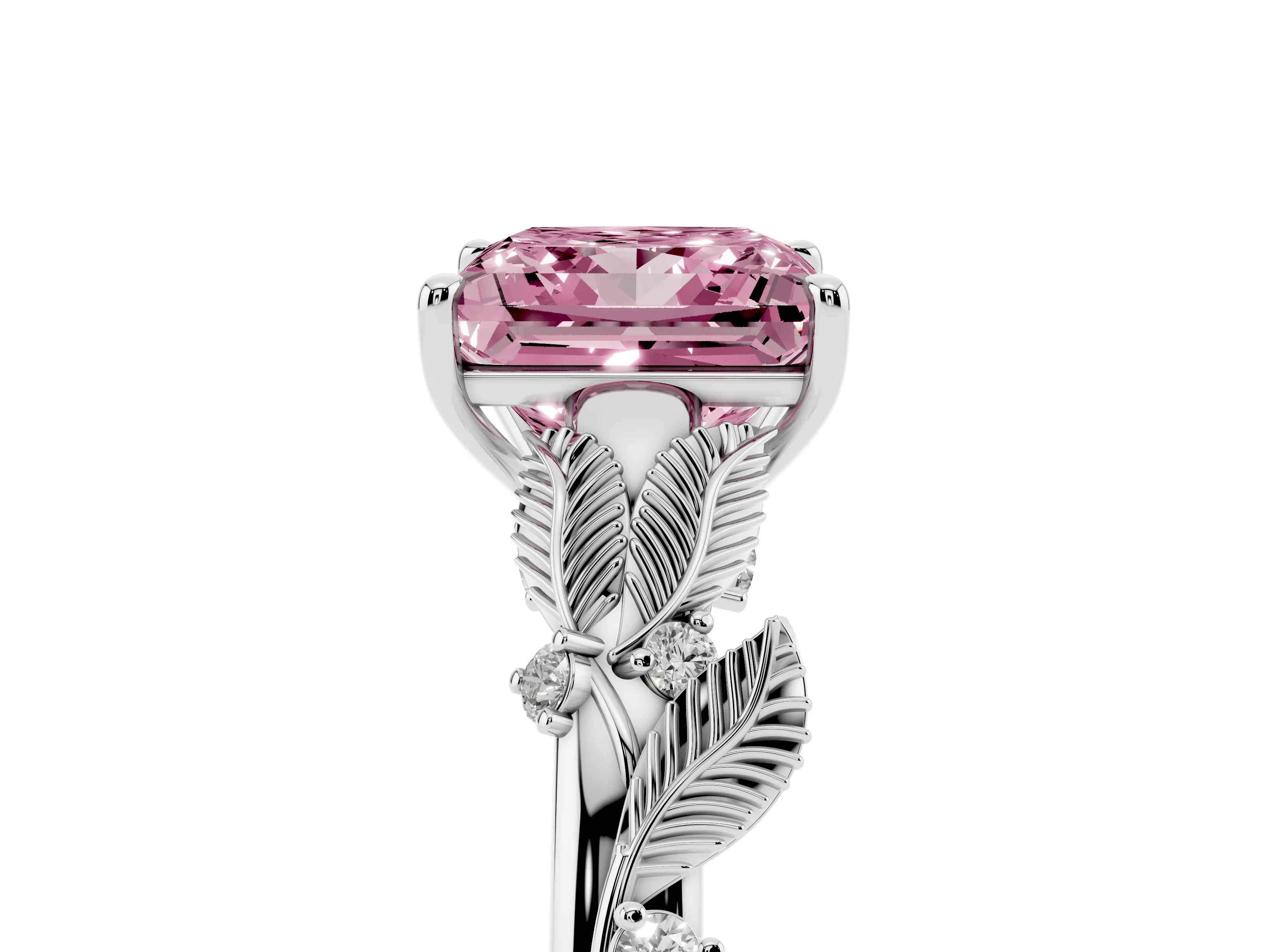 Fancy Pink Princess Cut Diamond Solitaire Ring Set in White gold with Leaf Motif Band
