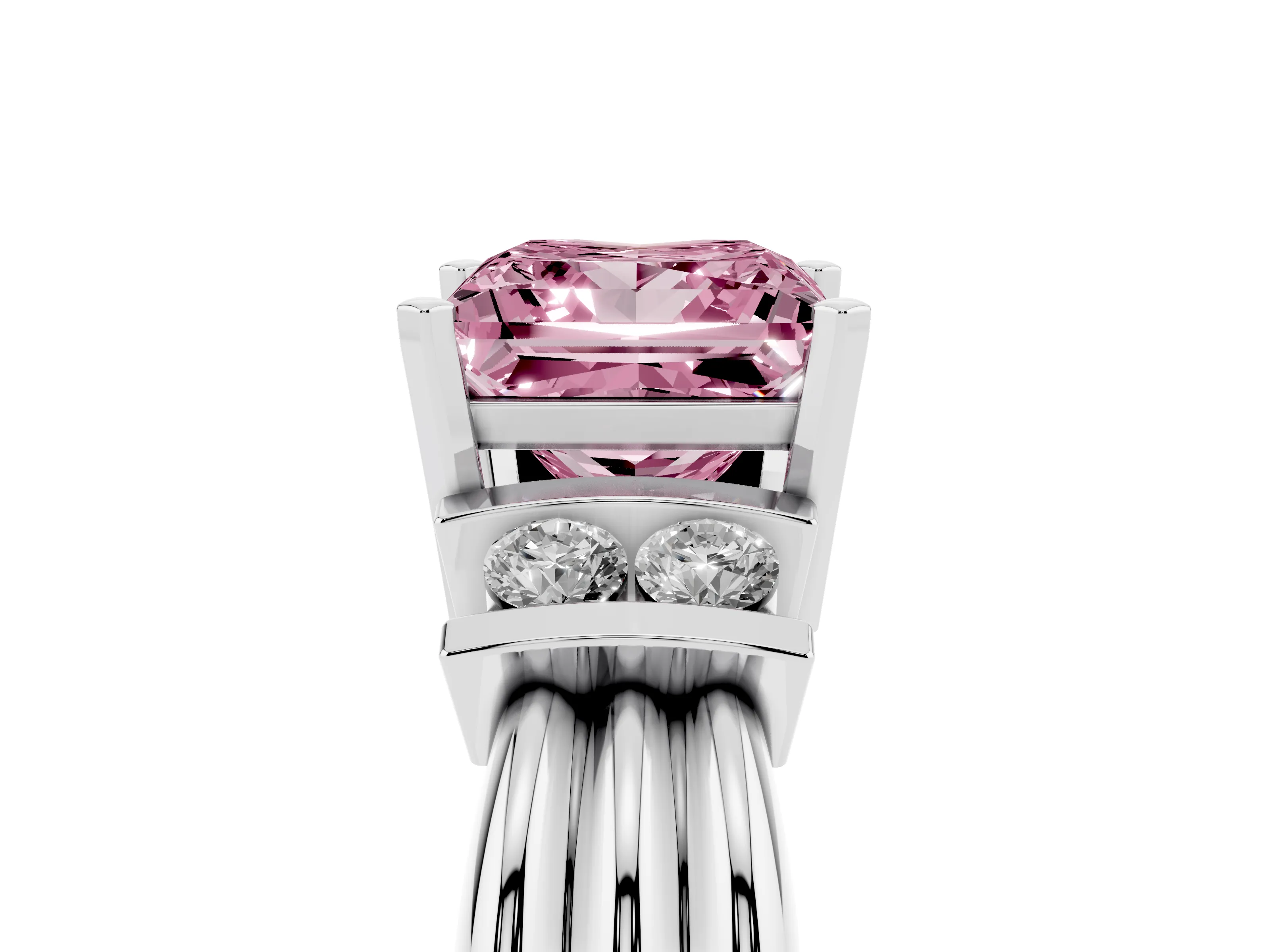 Fancy Pink Three-Stone Princess Cut Diamond Channel Set Ring Set in Platinum with Bar Prongs