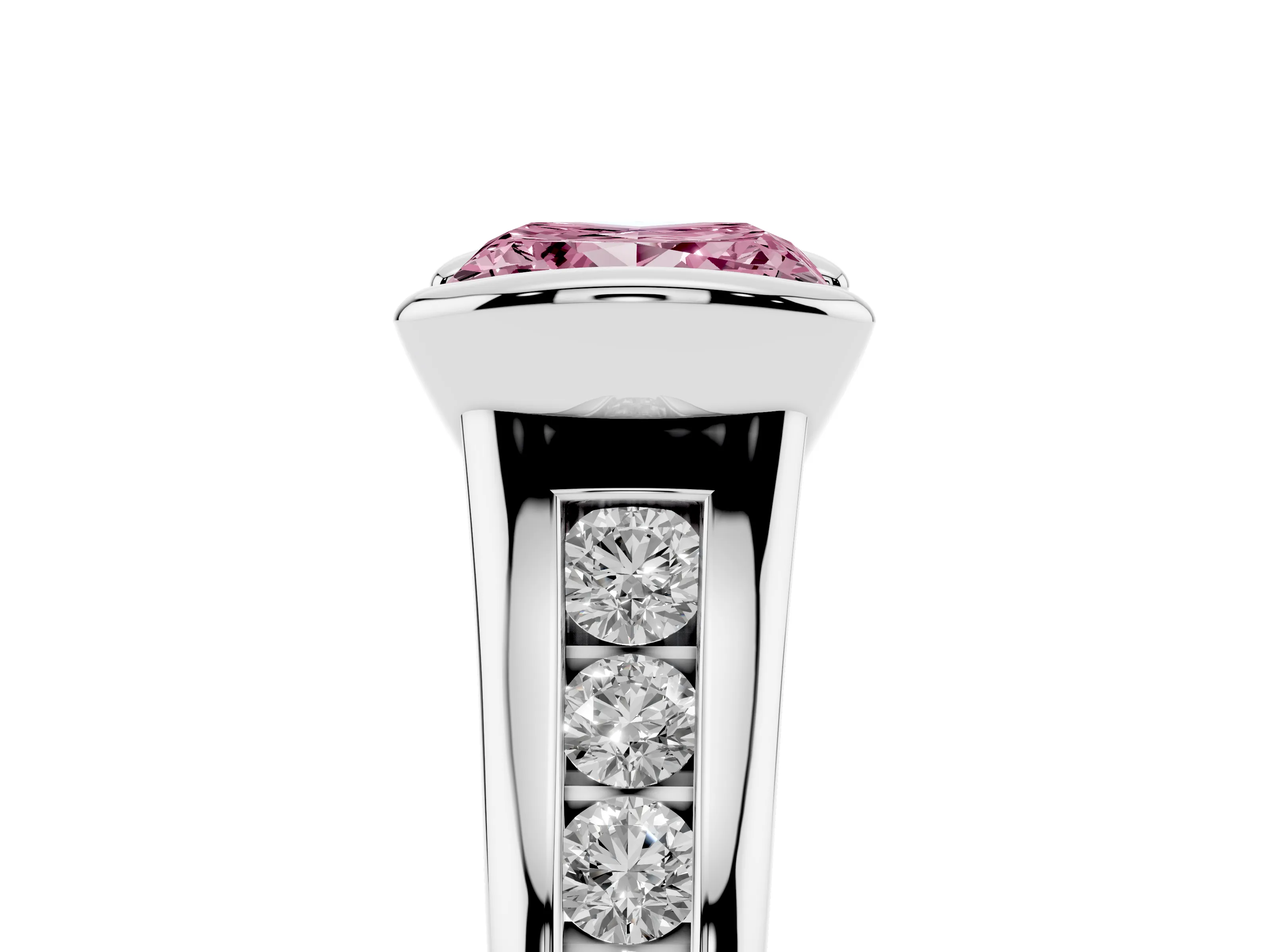 Fancy Pink Princess Cut Diamond Bezel-Set Solitaire Ring Set in Silver with Channel-Set Band