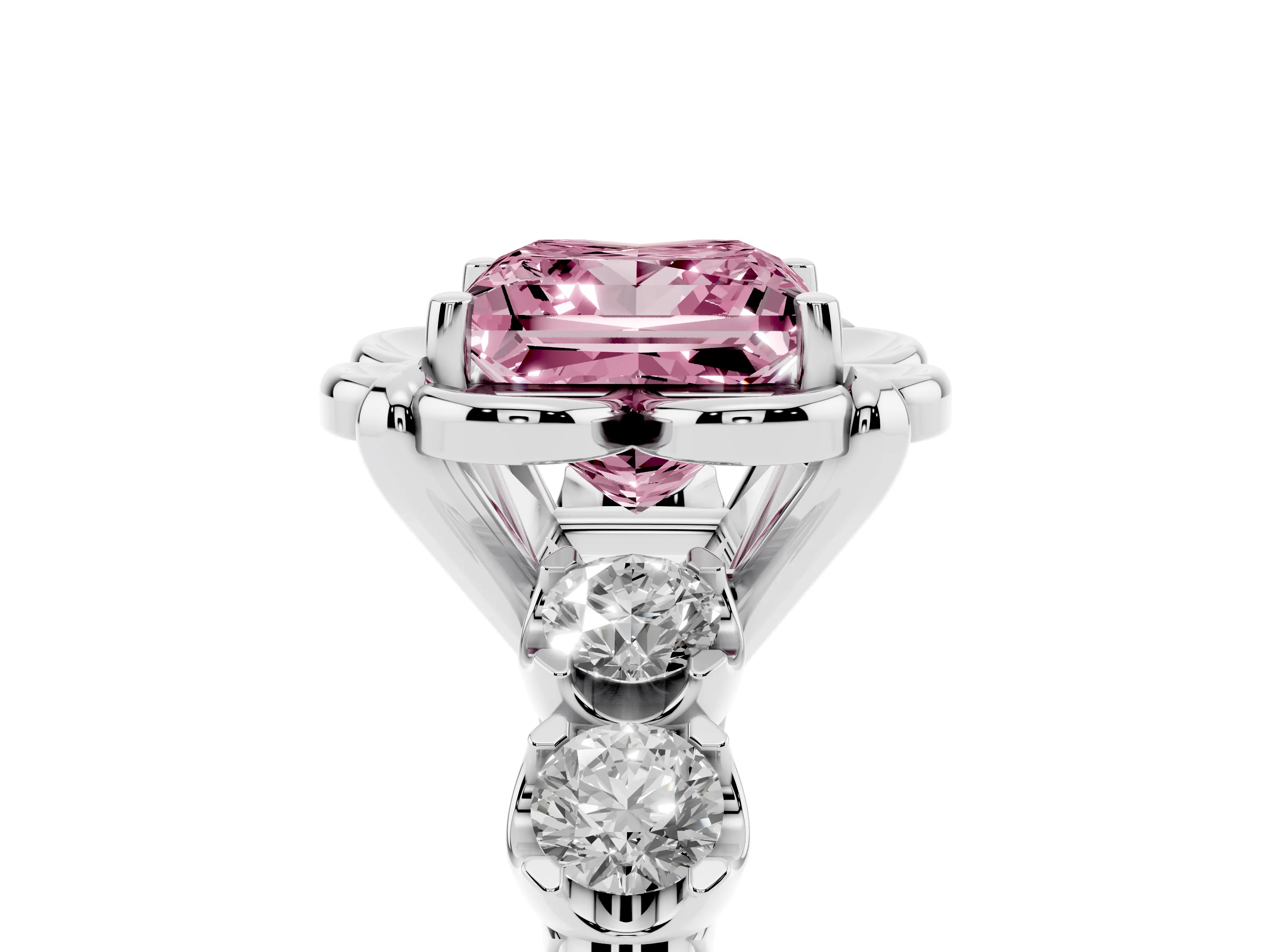 Fancy Pink Princess Cut Diamond Floral Halo Ring Set in Silver with Shared Prong Band