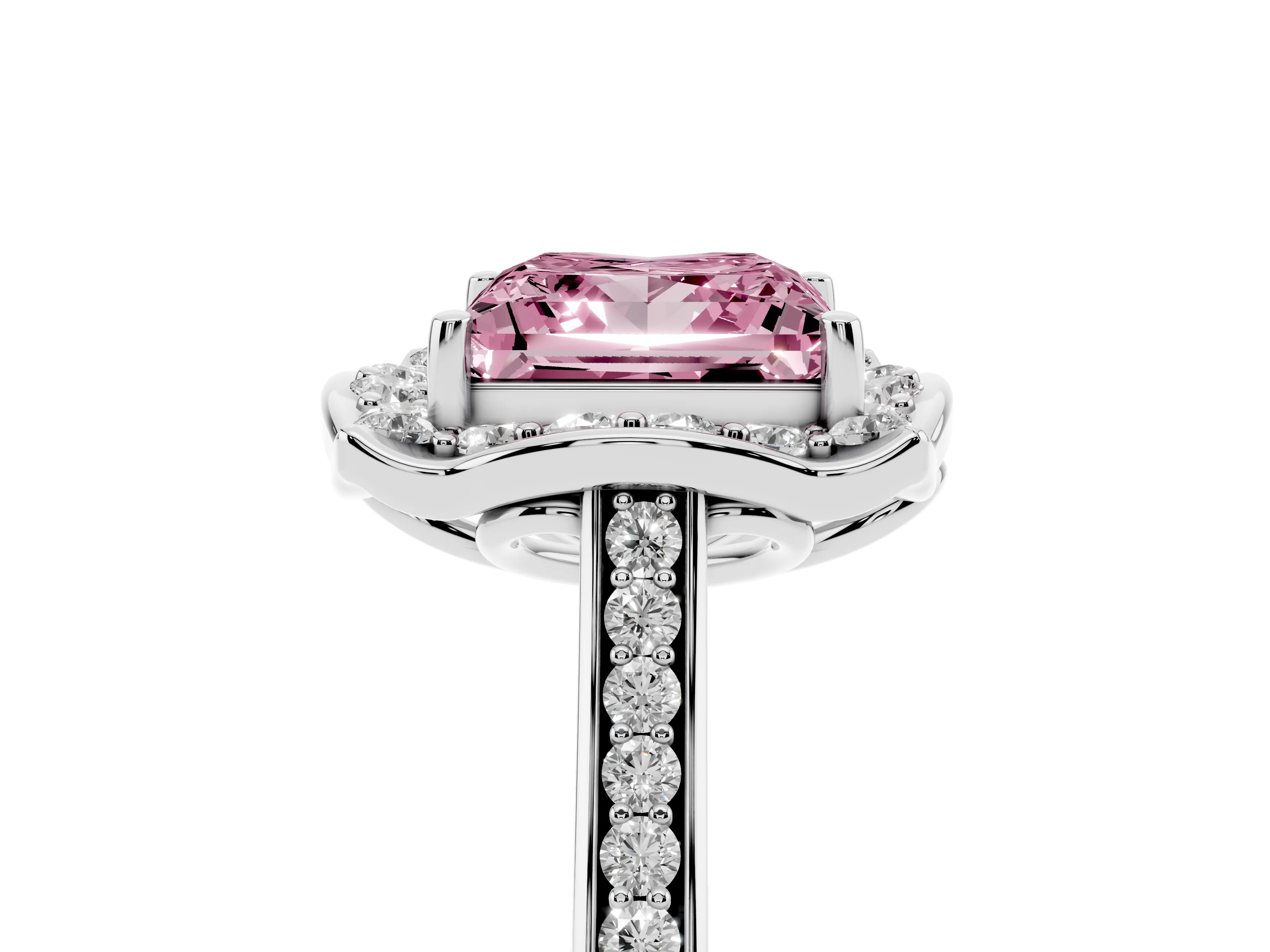 Fancy Pink Princess Cut Diamond Halo Ring Set in White gold with Pavé-Lined Shoulders and Prong Setting