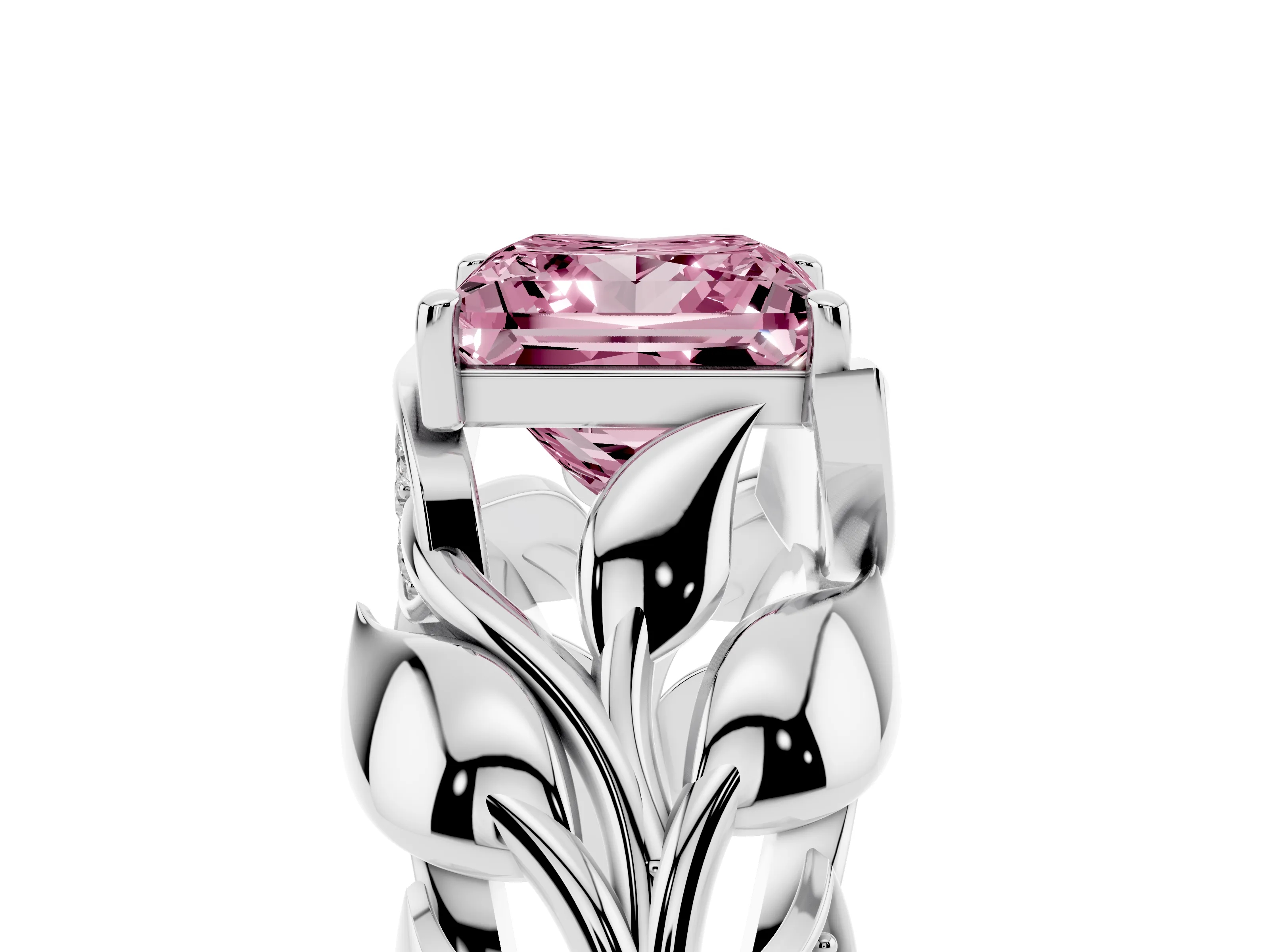 Fancy Pink Princess Cut Diamond Leaf-Inspired Engagement Ring Set in White gold with Round Accents