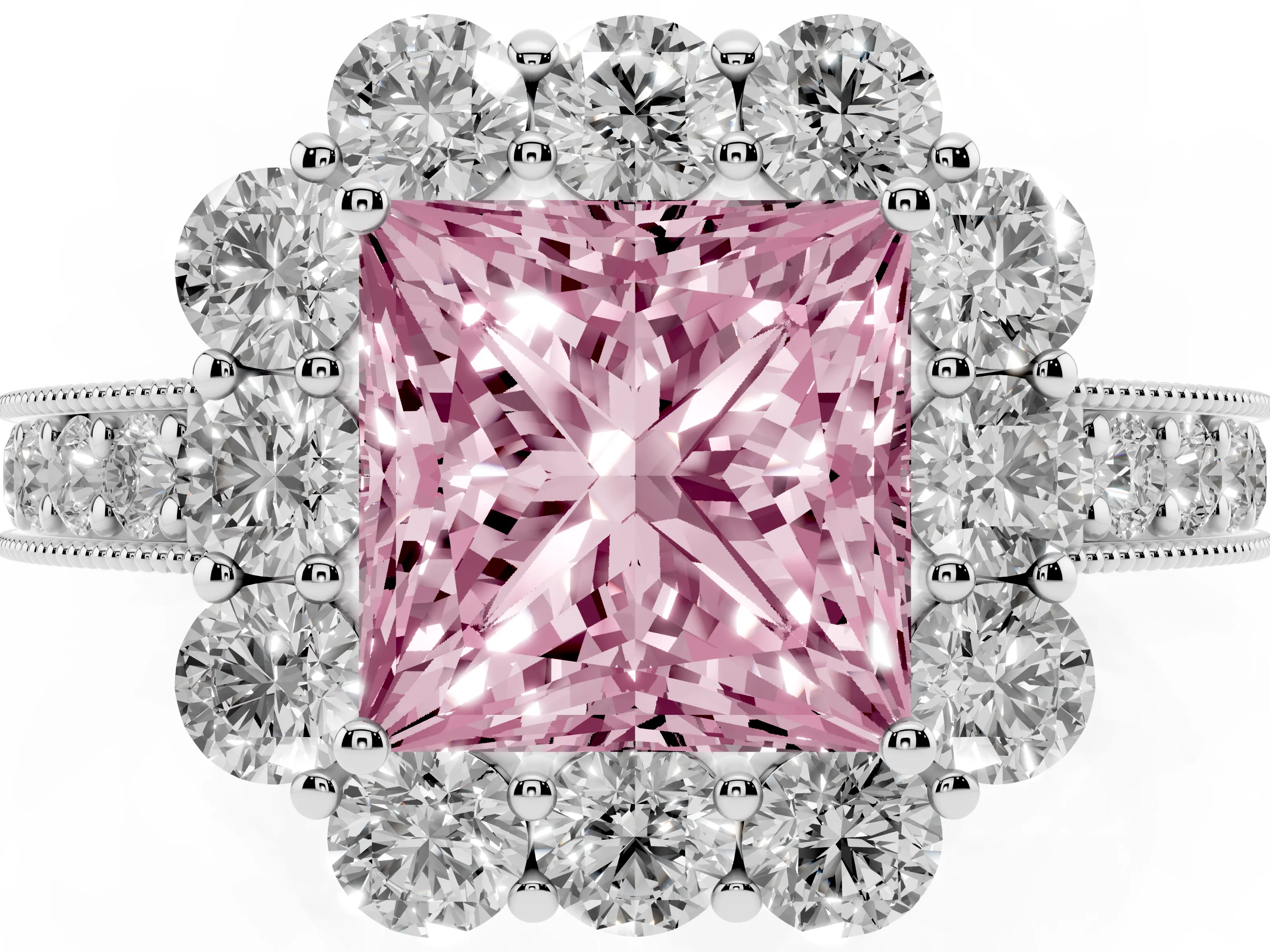Fancy Pink Princess Cut Diamond Halo Pavé Engagement Ring Set in White gold with Milgrain Detailing