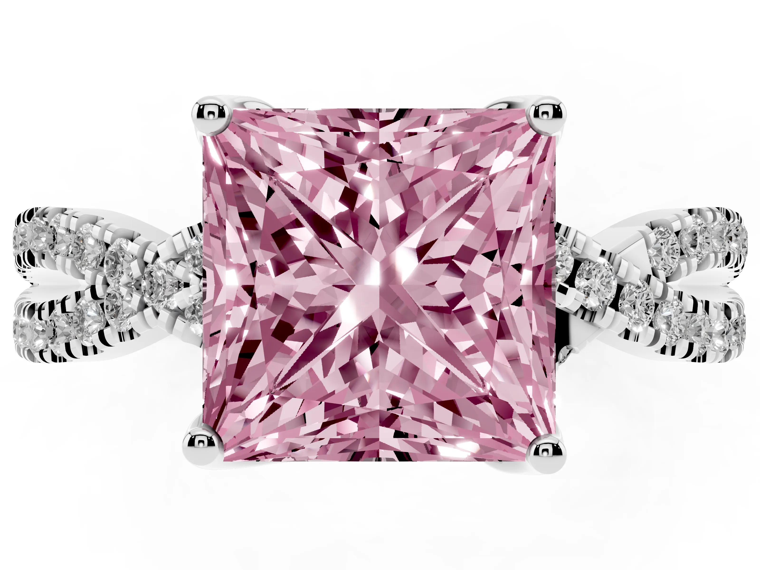Fancy Pink Princess Cut Diamond Twist Pavé Solitaire Engagement Ring Set in Silver with Prong Setting