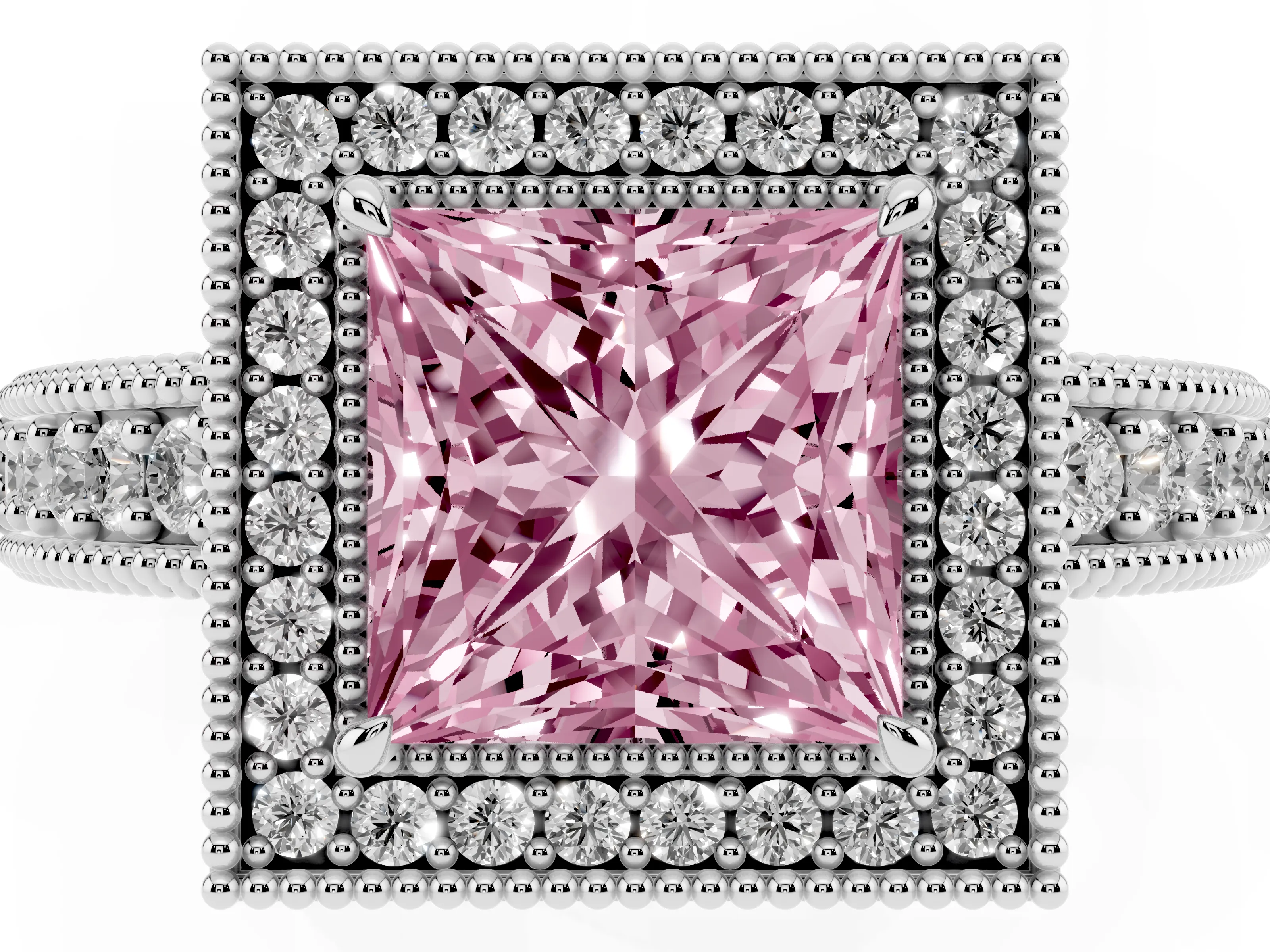 Fancy Pink Princess Cut Diamond Halo Ring Set in White gold with Round Accent Halo, Pavé Band and Prong Setting