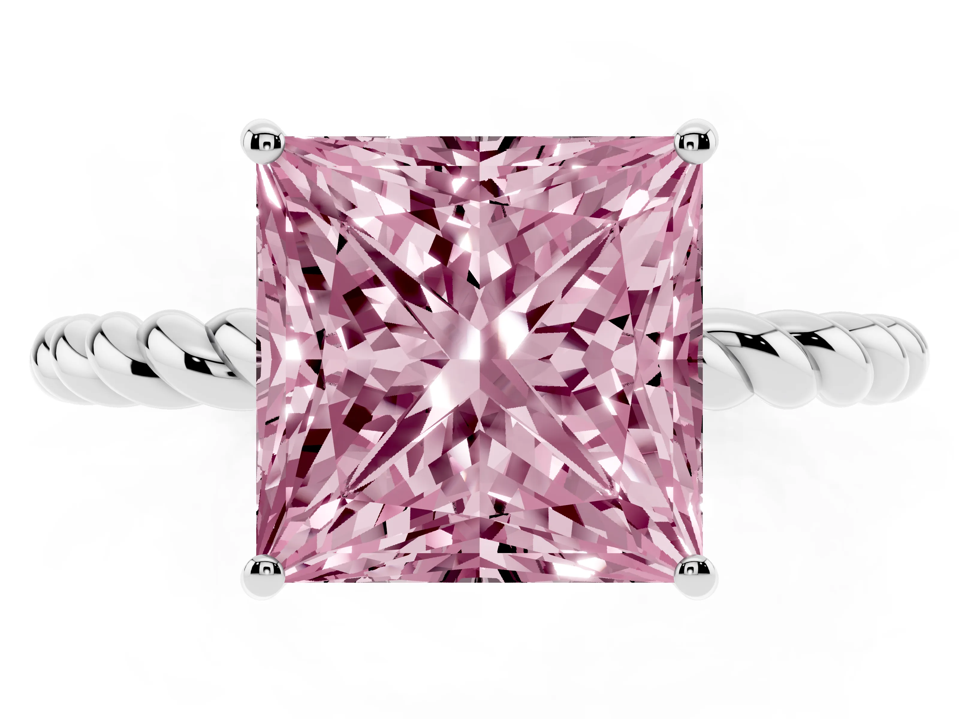 Fancy Pink Princess Cut Diamond Solitaire Ring Set in Platinum with Twist Band and Prong Setting