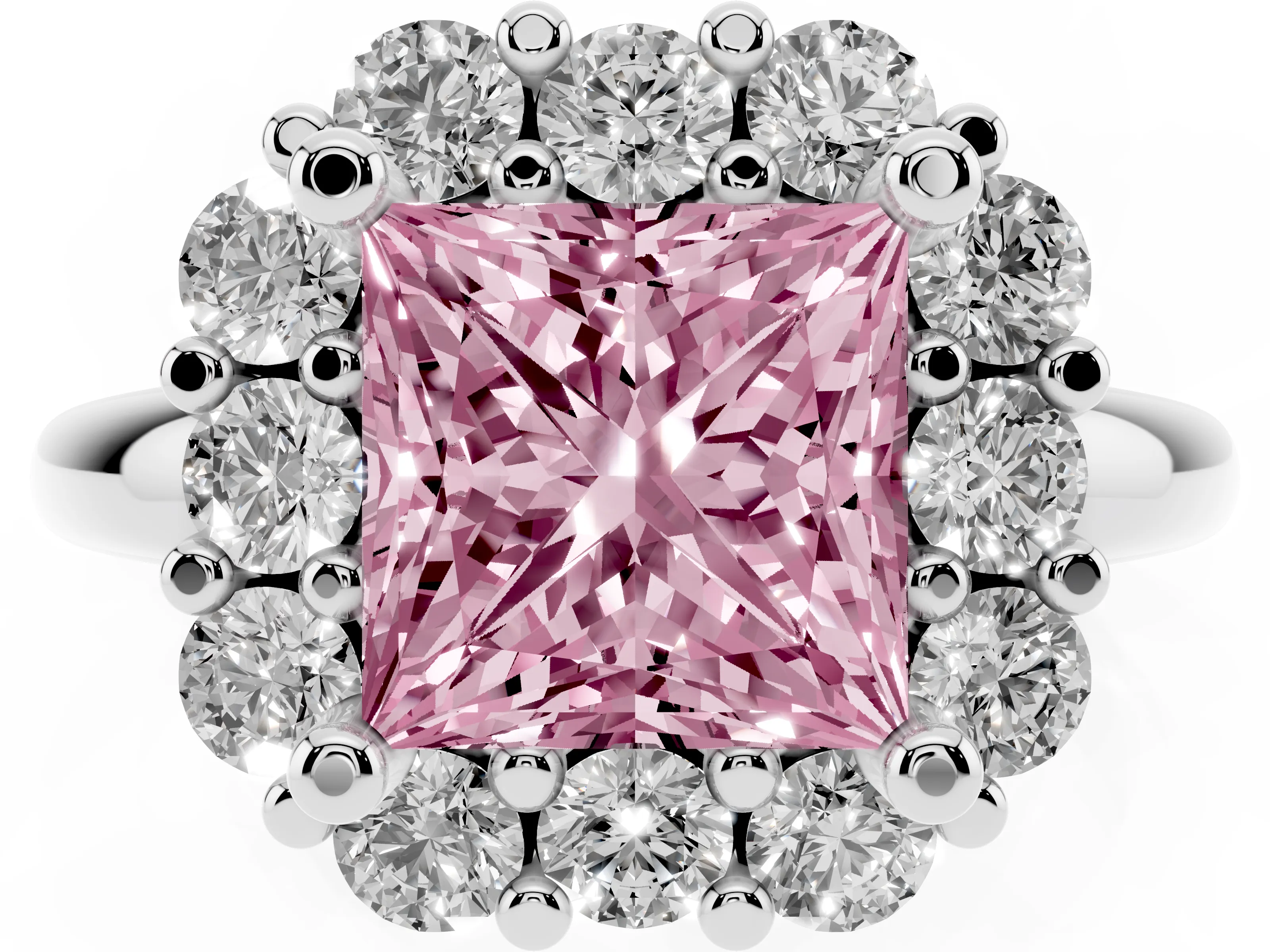 Fancy Pink Princess Cut Diamond Halo Cluster Engagement Ring Set in White gold with Polished Band and Prong Setting