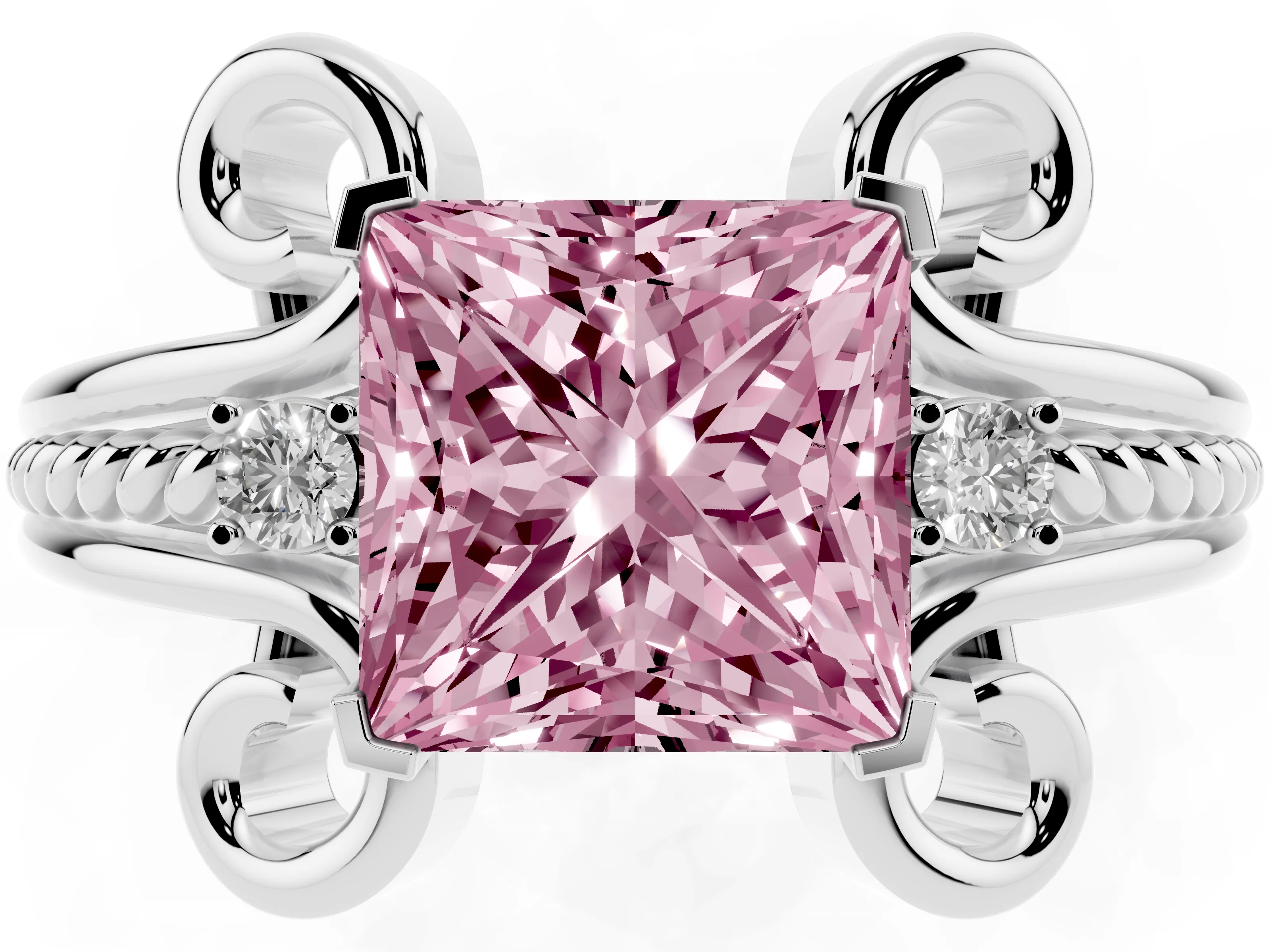 Fancy Pink Princess Cut Diamond Twisted Band Solitaire Ring Set in Platinum with Scroll Prongs