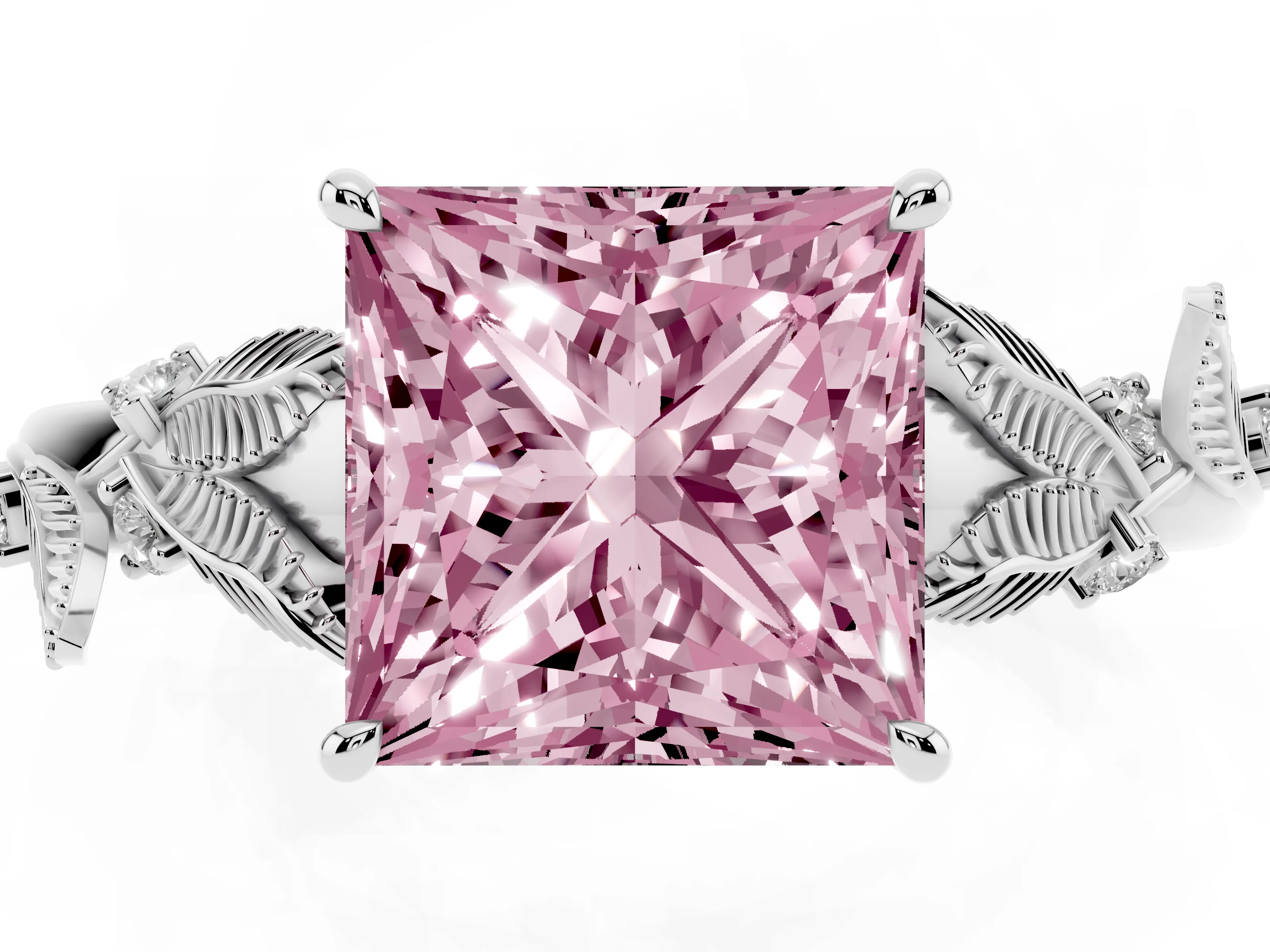 Fancy Pink Princess Cut Diamond Solitaire Ring Set in White gold with Leaf Motif Band