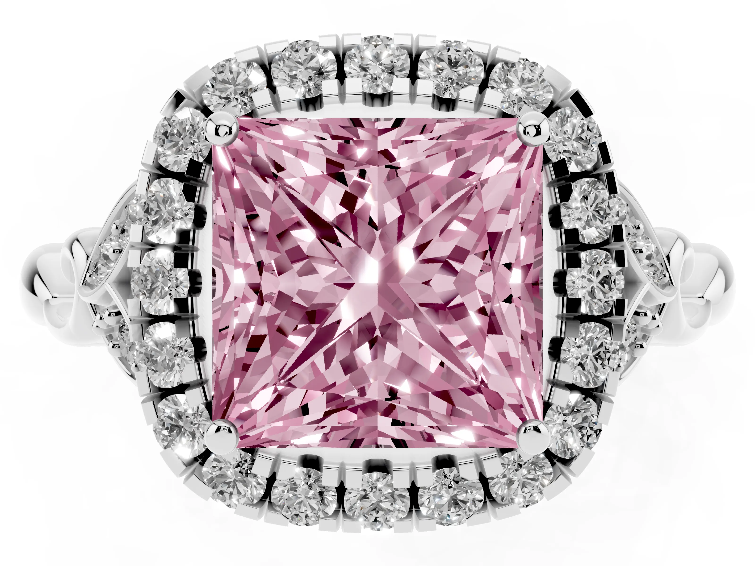 Fancy Pink Princess Cut Diamond Halo Engagement Ring Set in Platinum with Vintage-Inspired Band and Prong Setting
