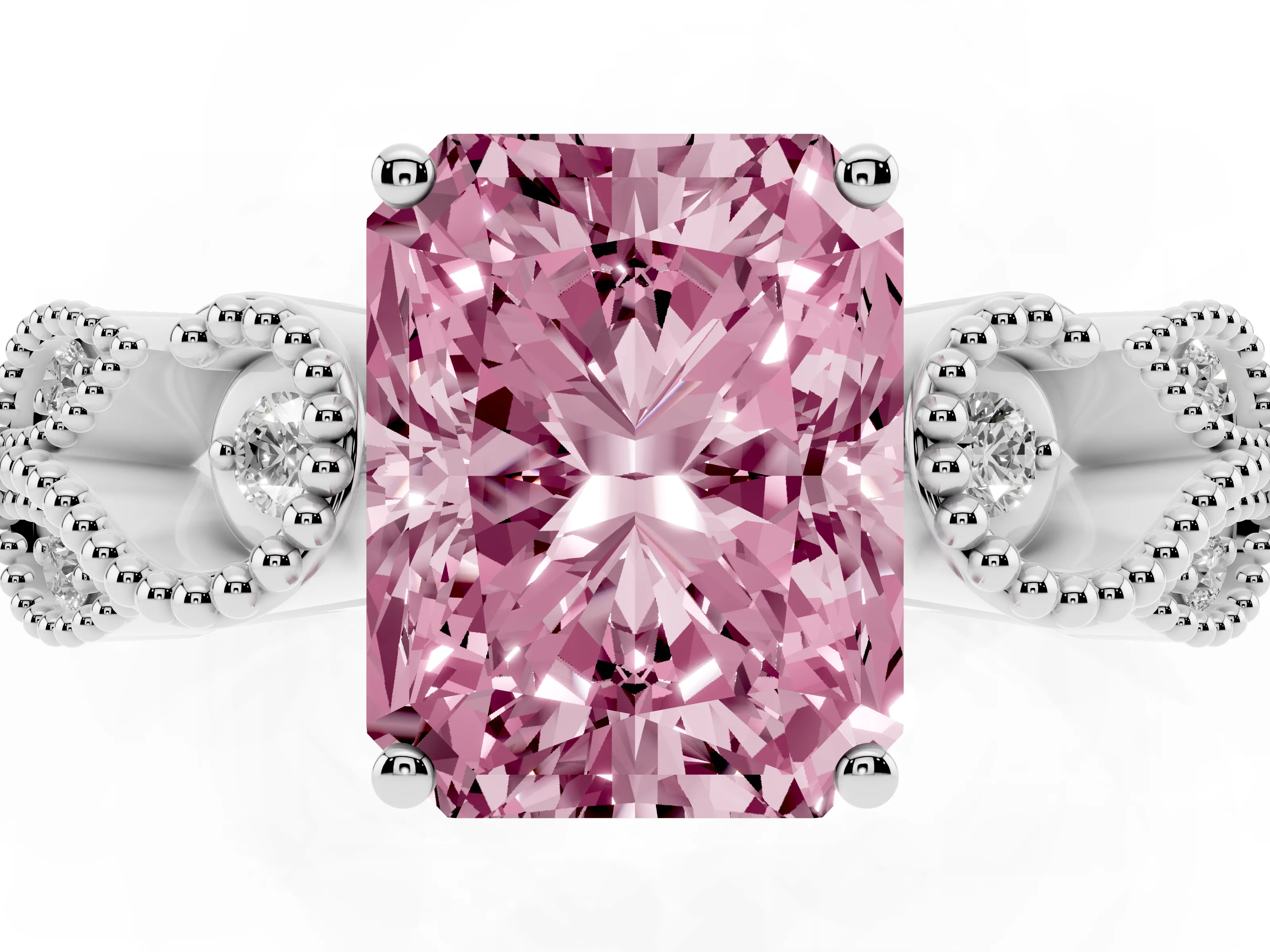 Fancy Pink Princess Cut Diamond Milgrain Leaf Band Solitaire Ring Set in Silver with Accent Stones and Prong Setting