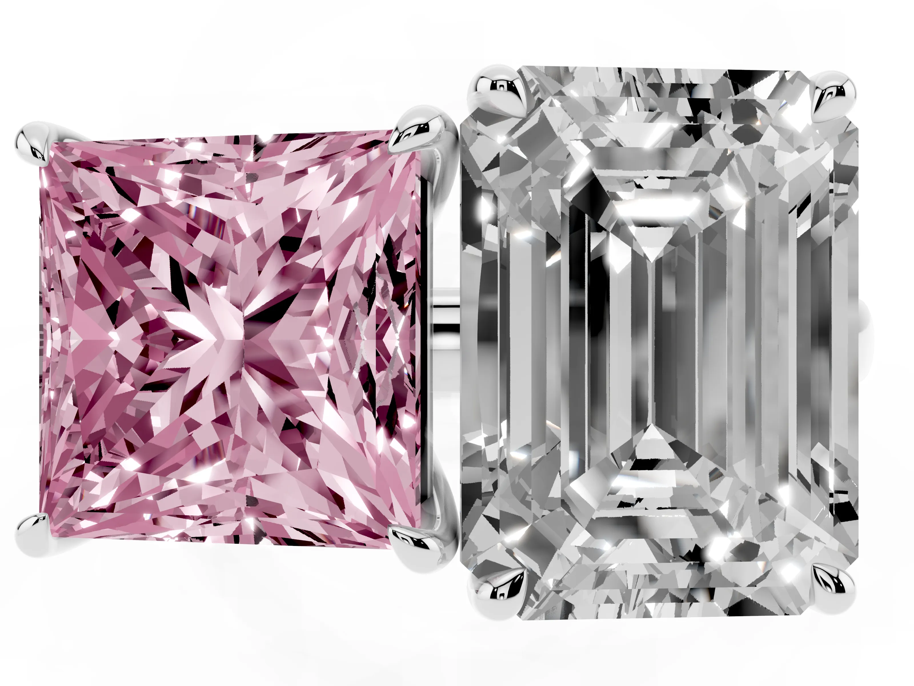 Fancy Pink Princess Cut and Emerald Cut Toi Moi Ring Set in White gold with Prong Setting