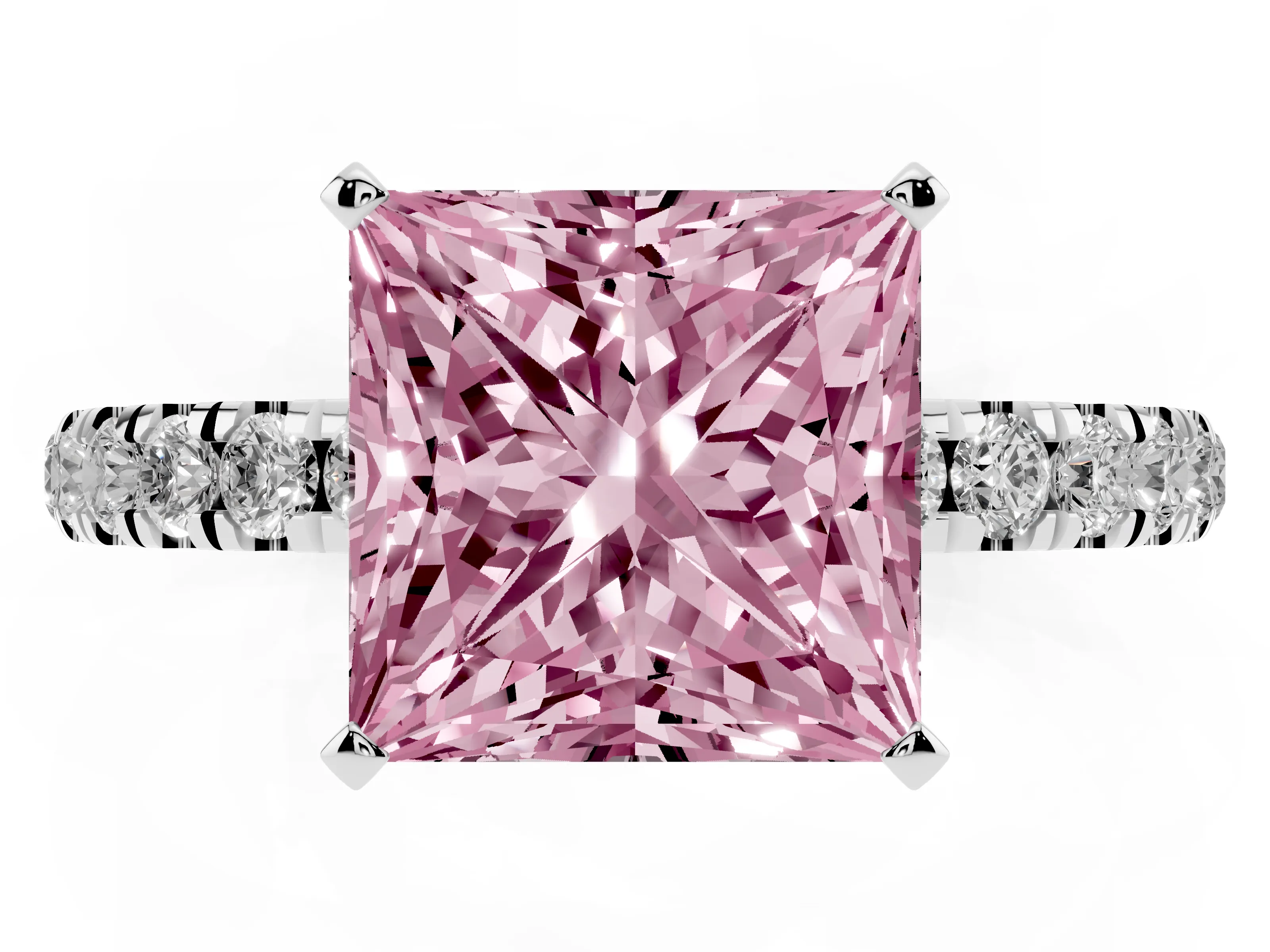 Fancy Pink Princess Cut Diamond Solitaire Ring Set in Silver with Pavé Accents and Prong Setting