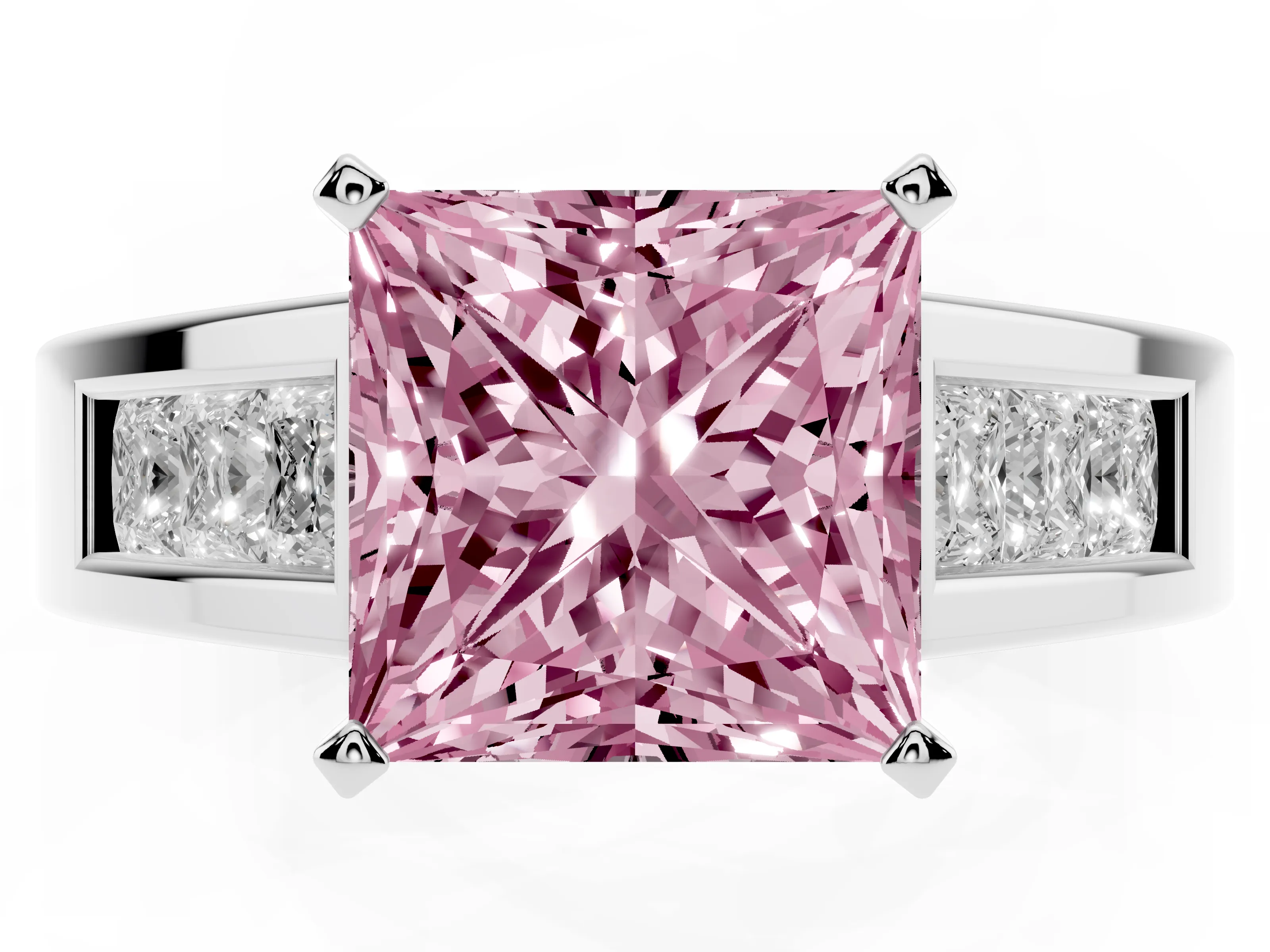 Fancy Pink Princess Cut Diamond Solitaire Ring Set in Silver with Channel-Set Accent Stones and Prong Setting