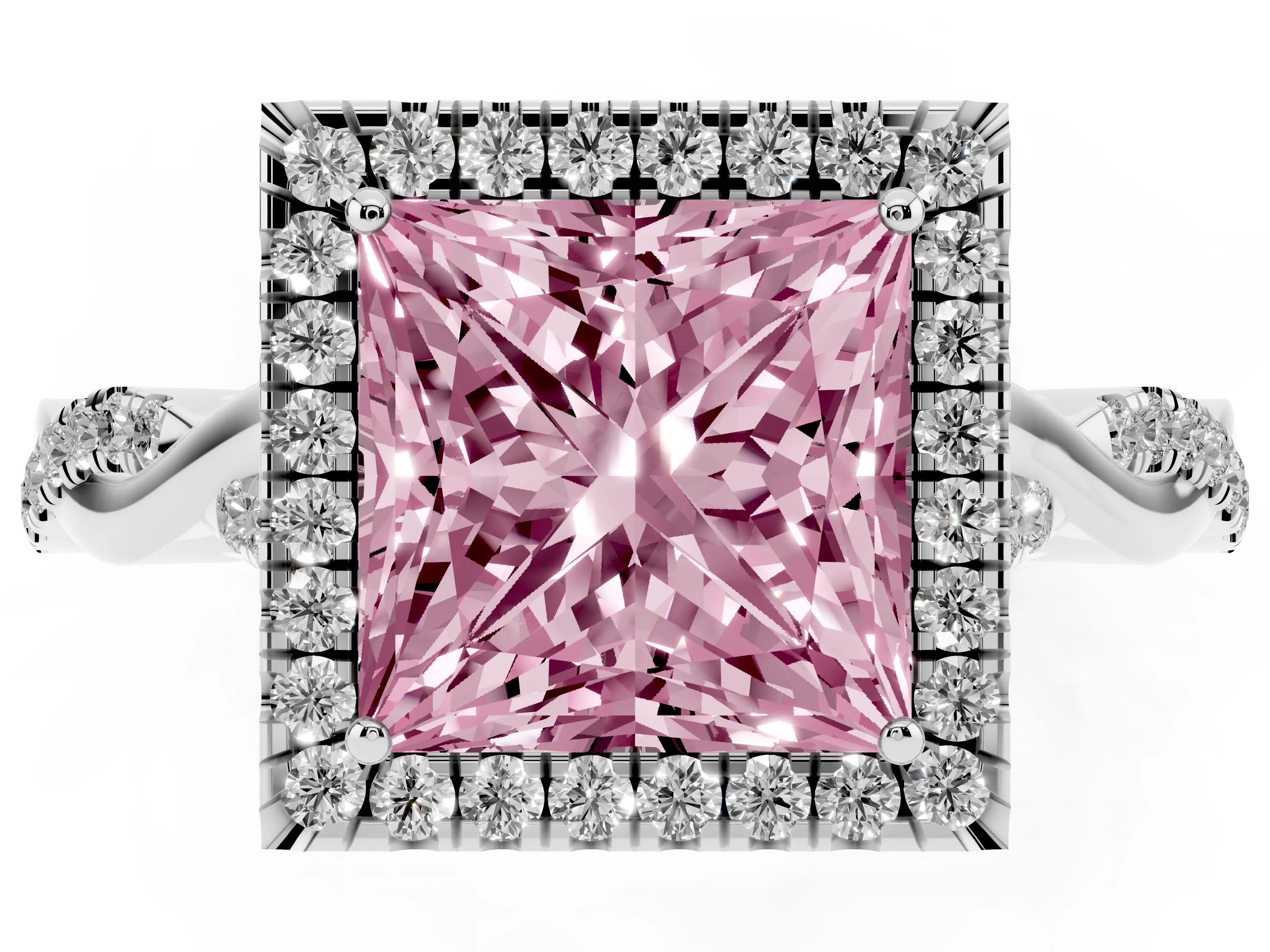 Fancy Pink Princess Cut Diamond Halo Twist Band Solitaire Ring Set in Platinum with Prong Setting