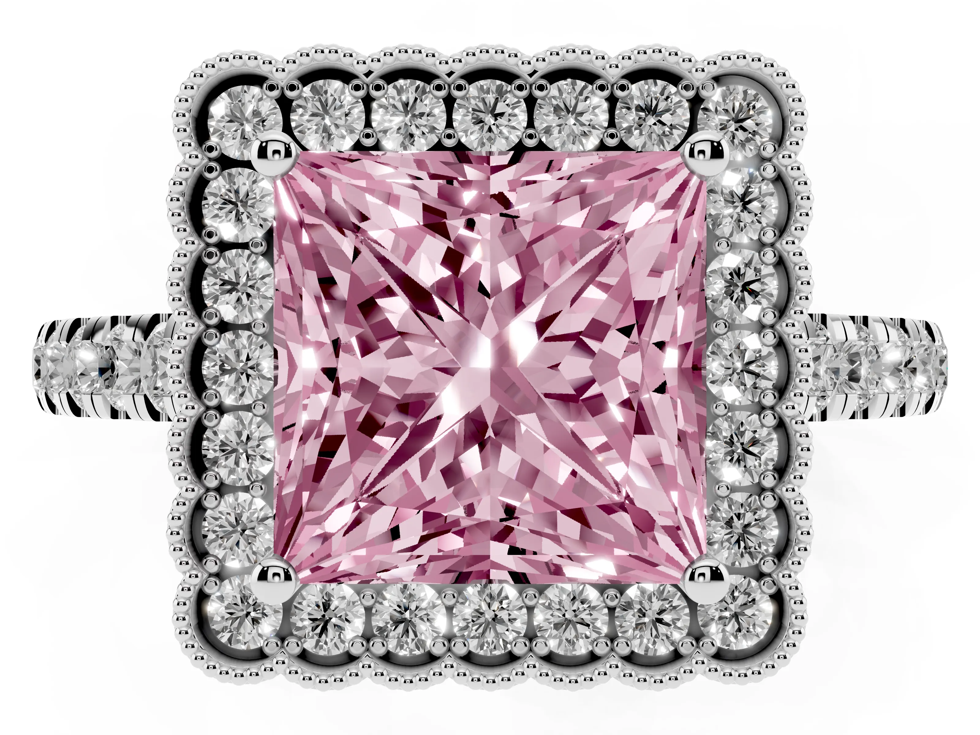 Fancy Pink Princess Cut Diamond Milgrain Floral Halo Engagement Ring Set in White gold with Pavé Band