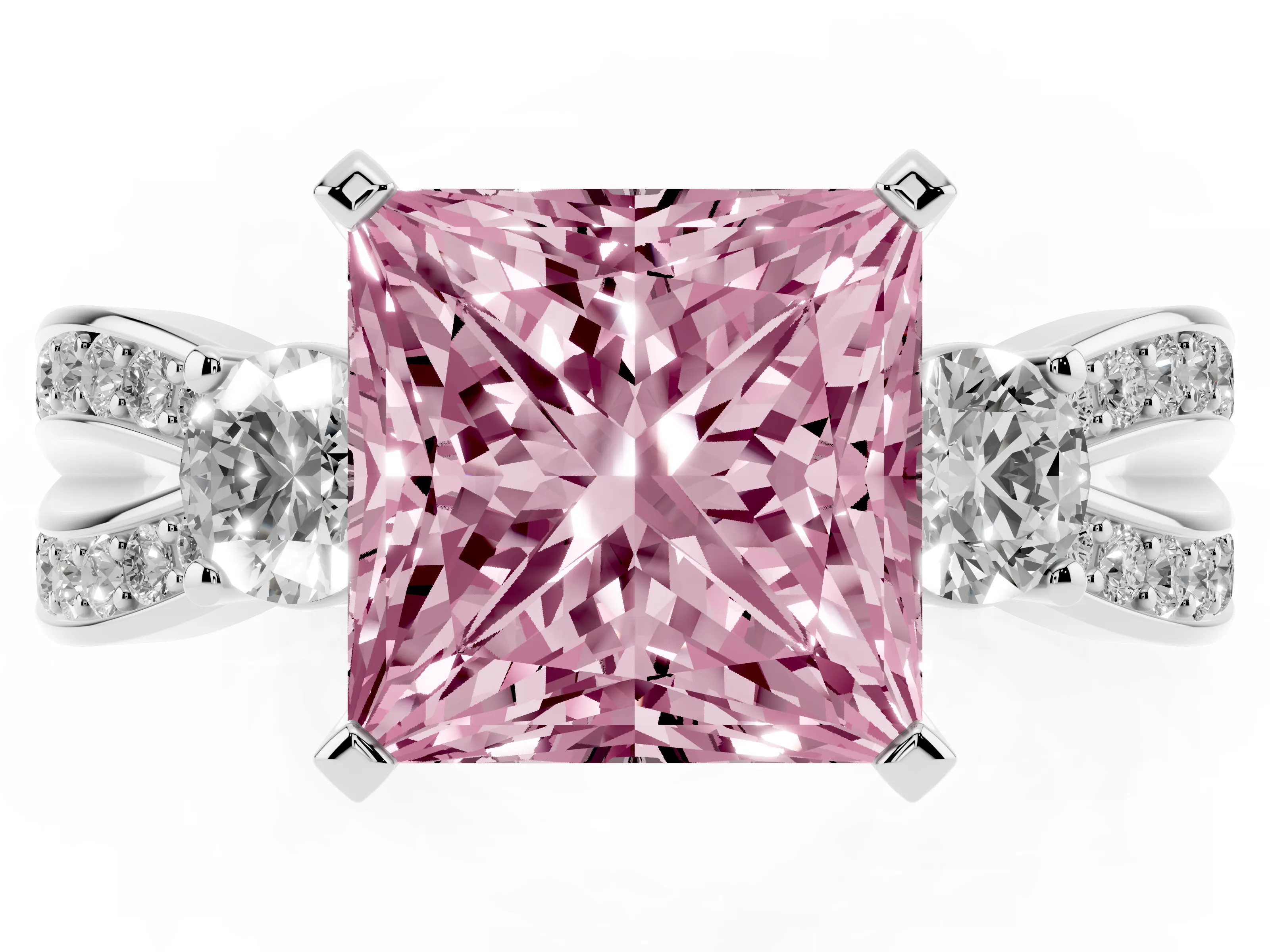 Fancy Pink Three-Stone Princess Cut Diamond Twist Band Ring Set in Platinum with Pavé Accents and Prong Setting
