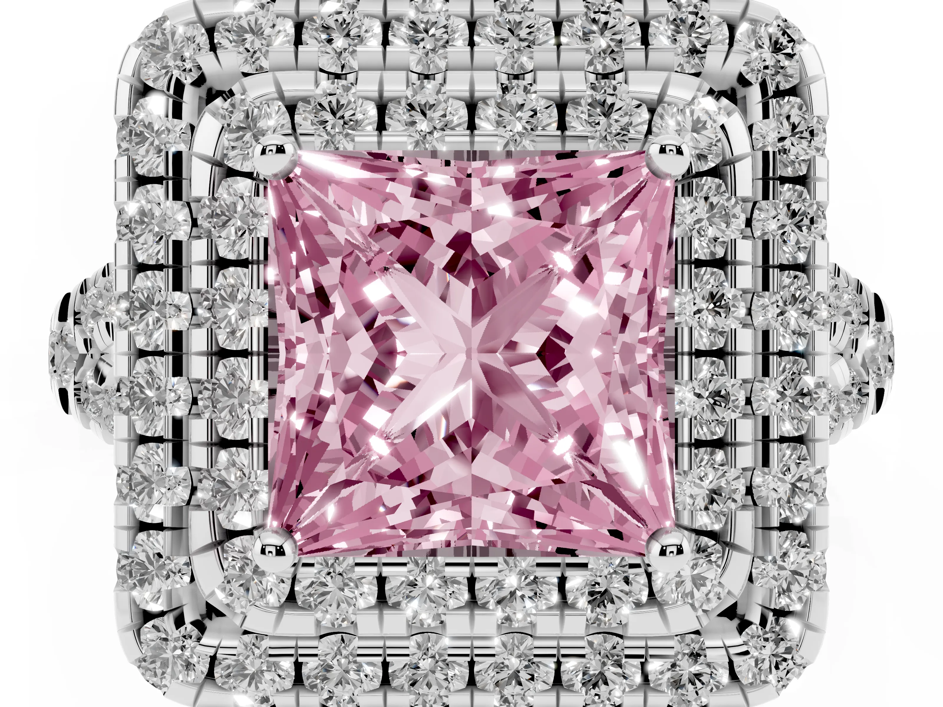 Fancy Pink Princess Cut Diamond Double Halo Ring Set in White gold with Pavé Split Shank and Prong Setting