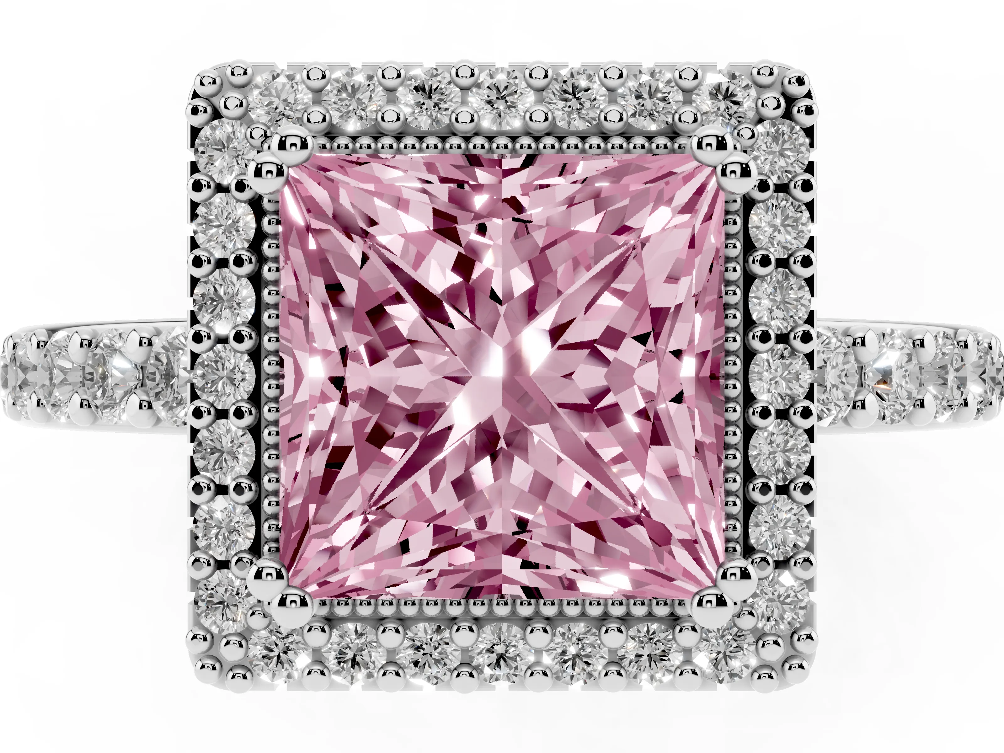 Fancy Pink Princess Cut Diamond Halo Engagement Ring Set in White gold with Milgrain Detail and Pavé Band