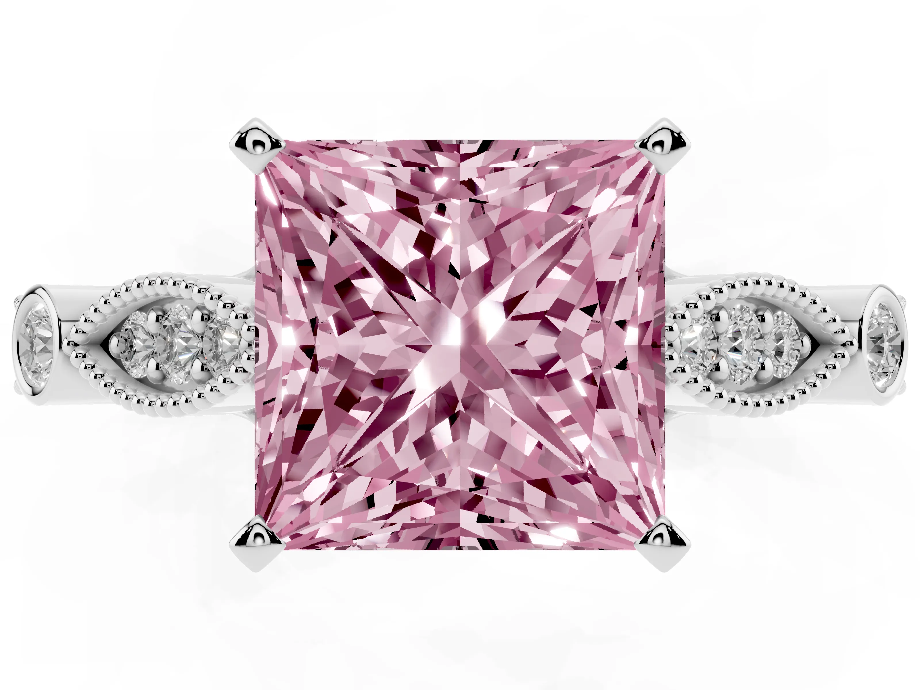 Fancy Pink Princess Cut Diamond Solitaire Ring Set in Platinum with Milgrain Marquise and Bezel Accents