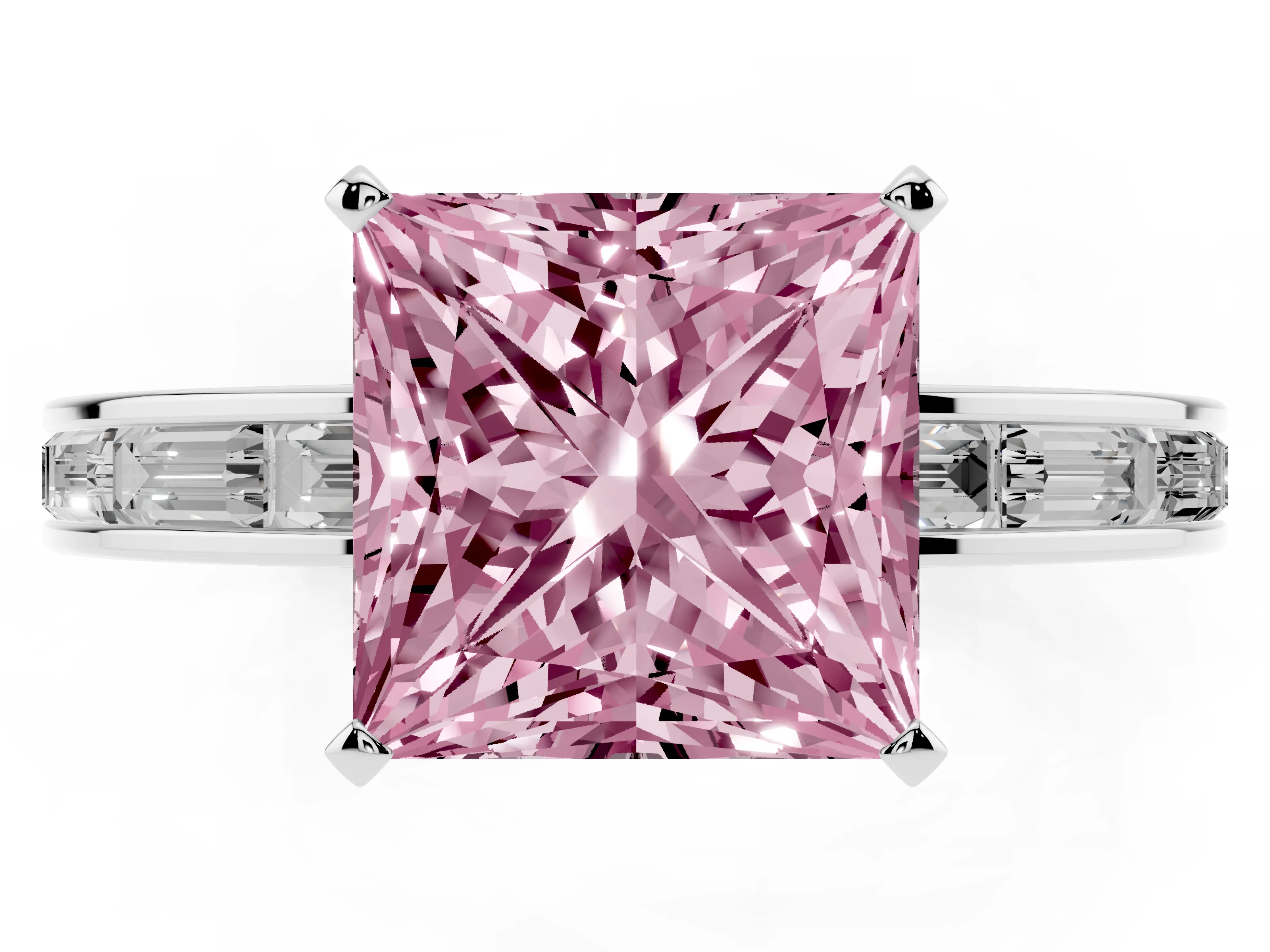 Fancy Pink Princess Cut Diamond Solitaire Ring Set in Platinum with Channel-Set Baguette Band and Prong Setting