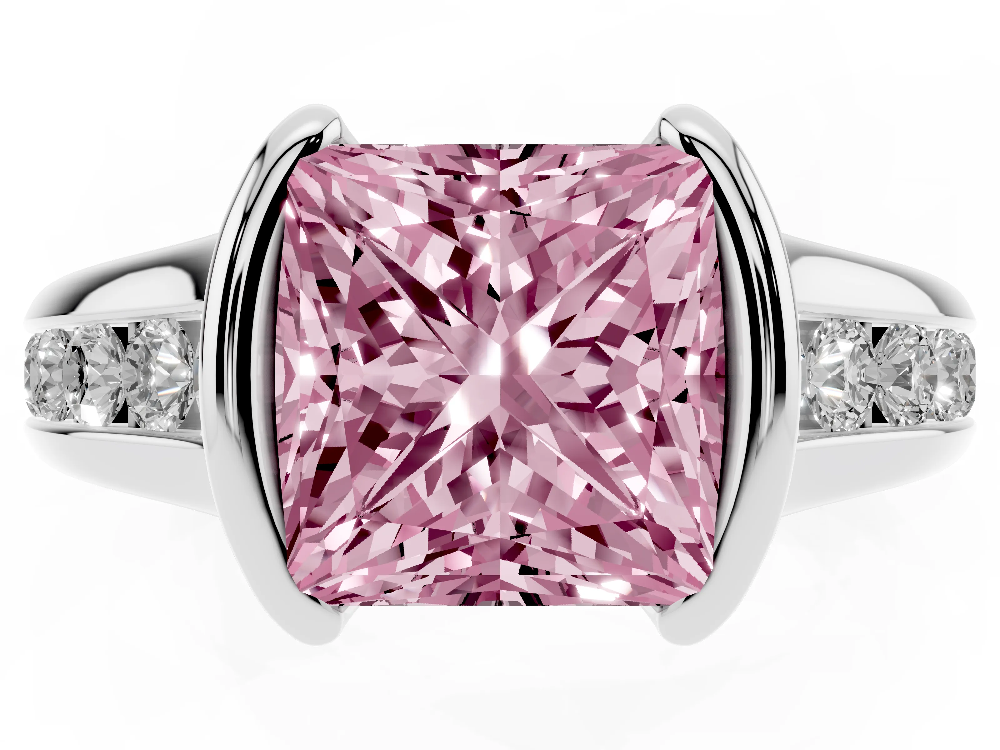 Fancy Pink Princess Cut Diamond Bezel-Set Solitaire Ring Set in Silver with Channel-Set Band