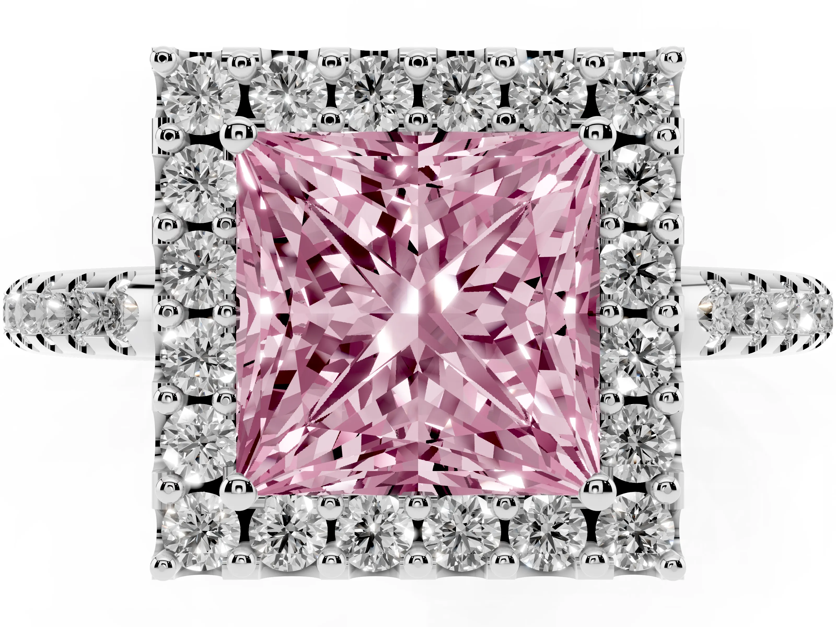 Fancy Pink Princess Cut Diamond Pavé Halo Ring Set in Platinum with Prong Setting