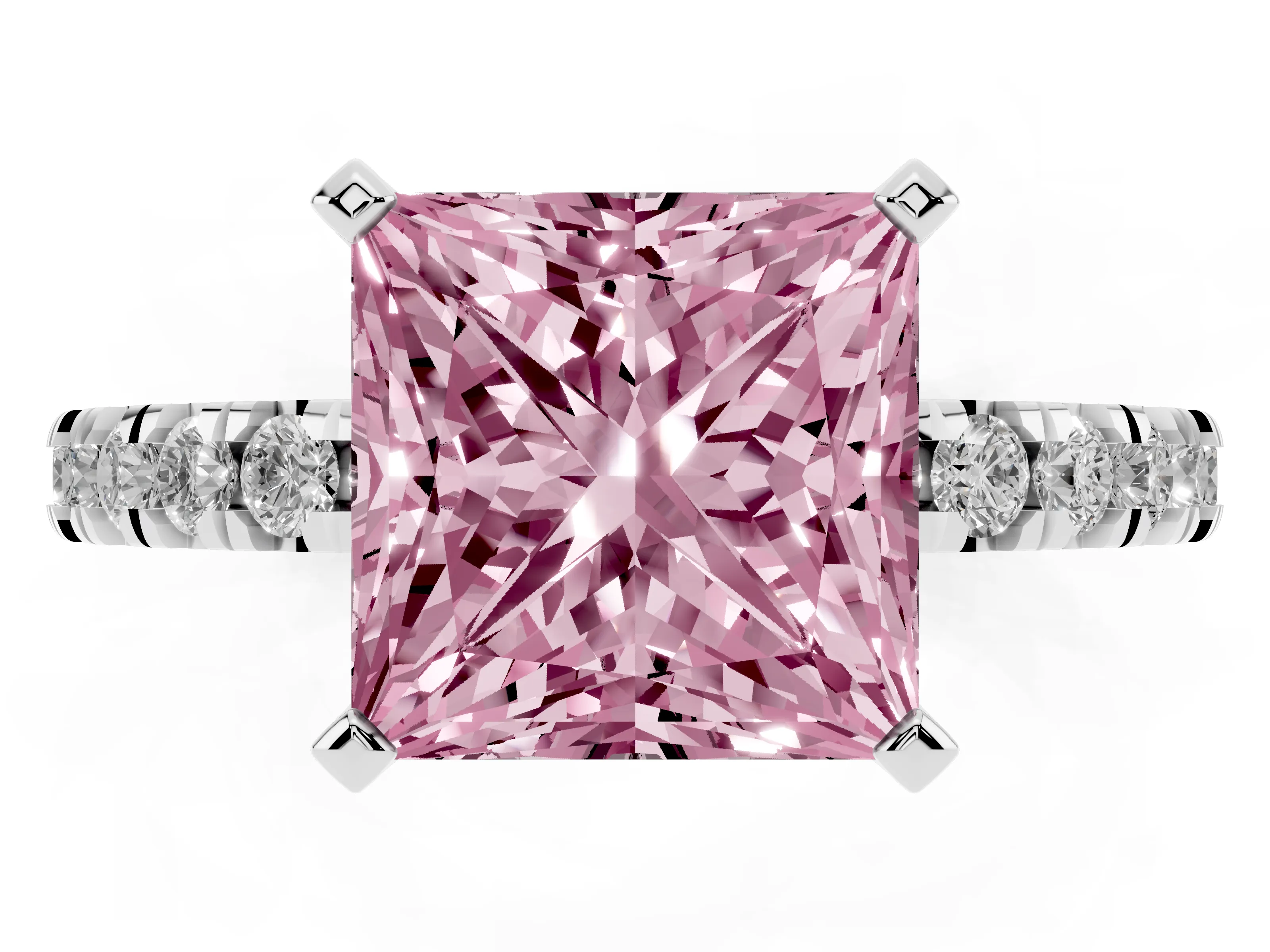 Fancy Pink Princess Cut Diamond Pavé Band Solitaire Set in Platinum with Prong Setting