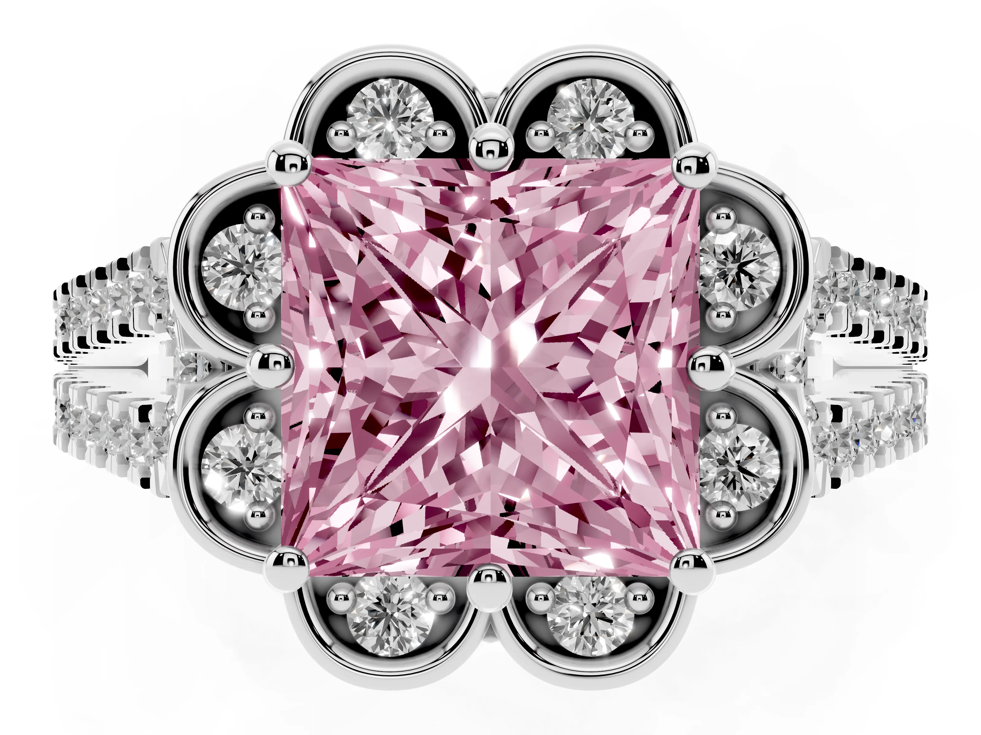 Fancy Pink Princess Cut Diamond Floral Halo Split Shank Engagement Ring Set in White gold with Pavé Shank