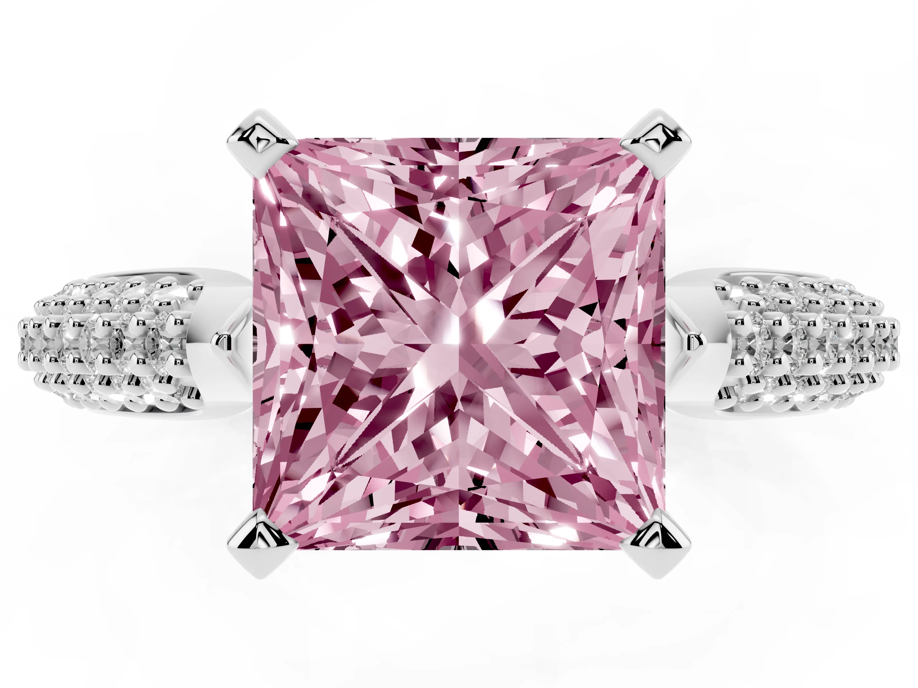 Fancy Pink Princess Cut Diamond Solitaire Engagement Ring Set in Platinum with Multi-Row Round Pavé Band and Prong Setting